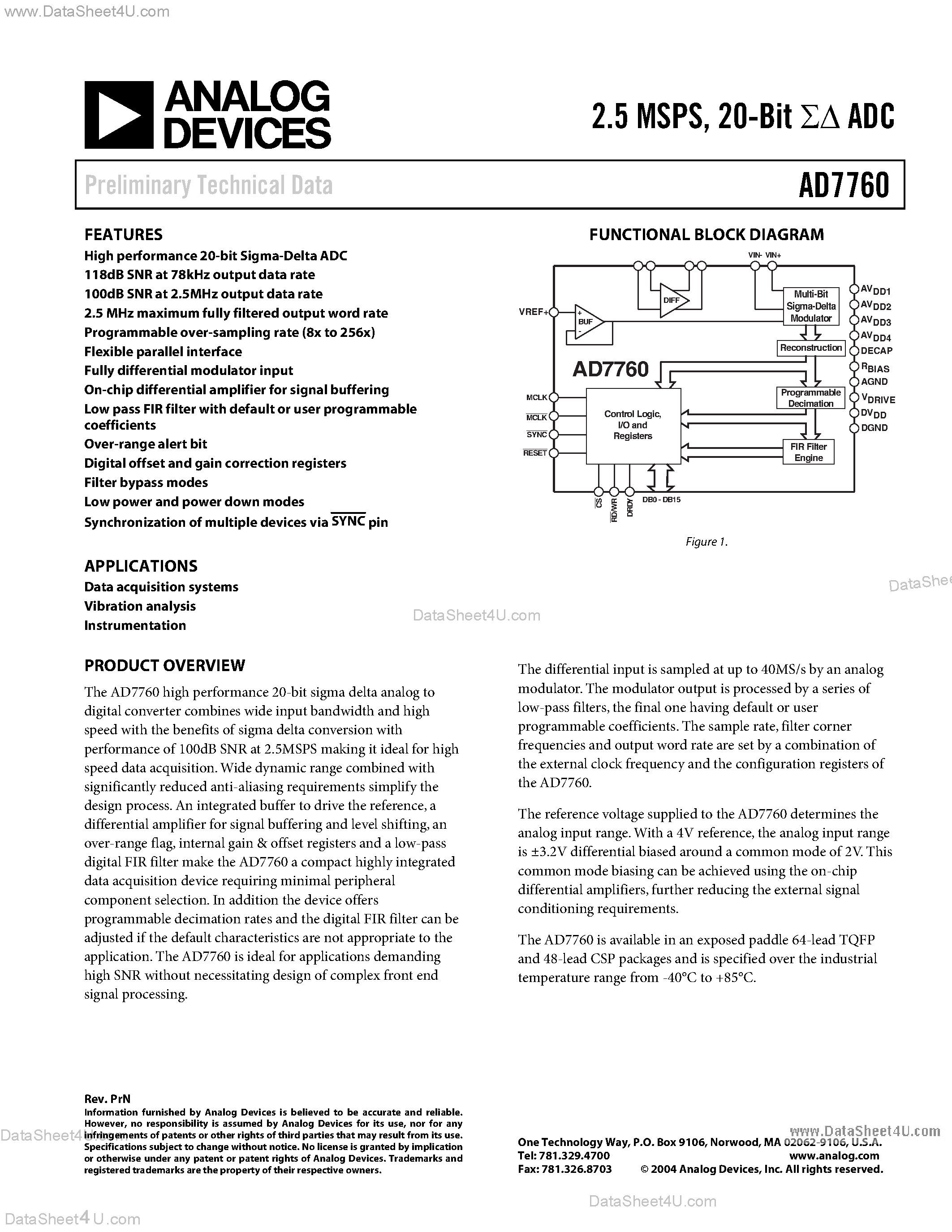 Datasheet AD7760 page 1 Datasheet AD7760 - 2.5 MSPS 20-Bit ADC page 1