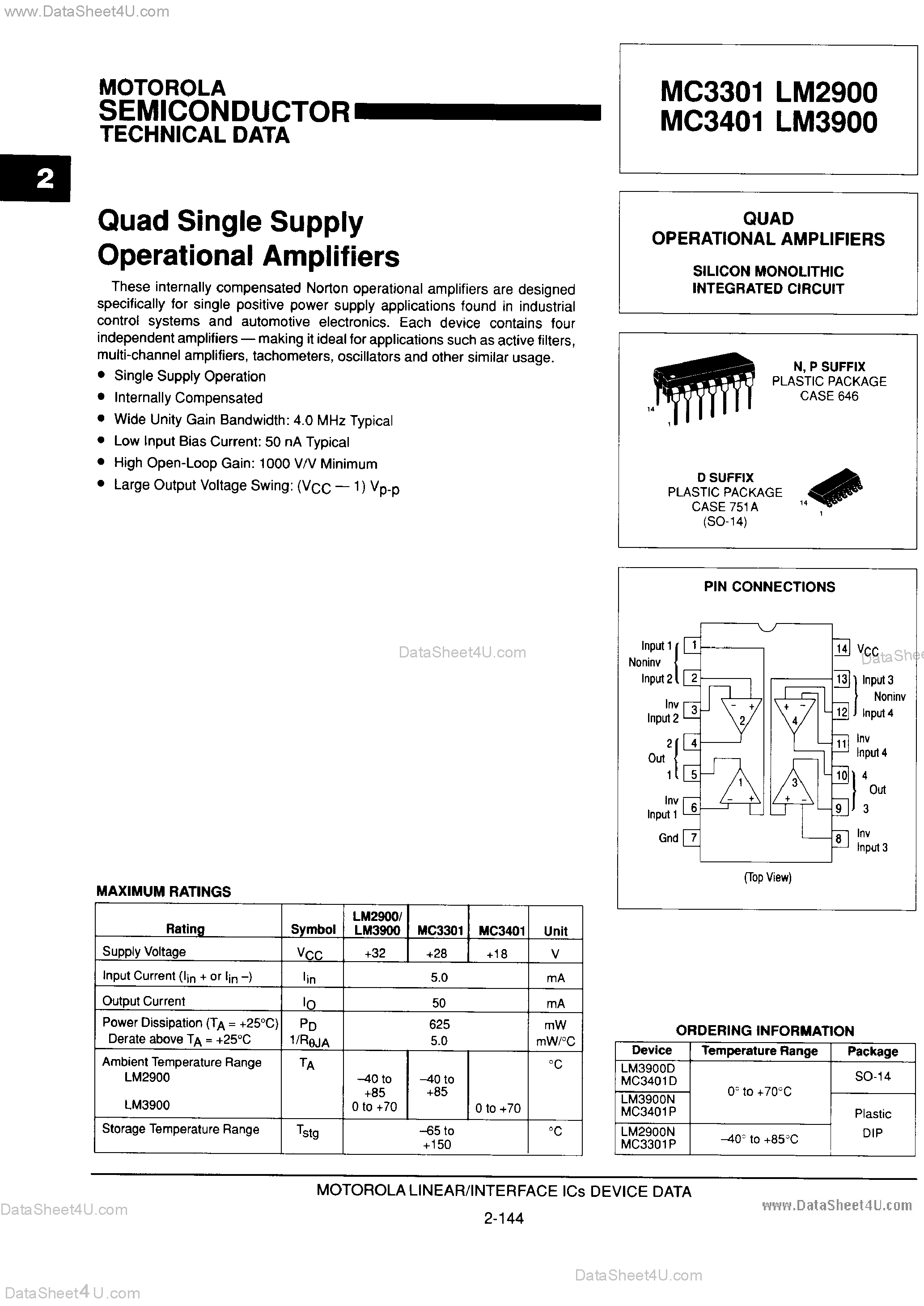 Даташит на микросхему LM3900 страница 1 Даташит LM3900 - QUAD SINGLE SUPPLY OPERATIONAL AMPLIFIERS страница 1