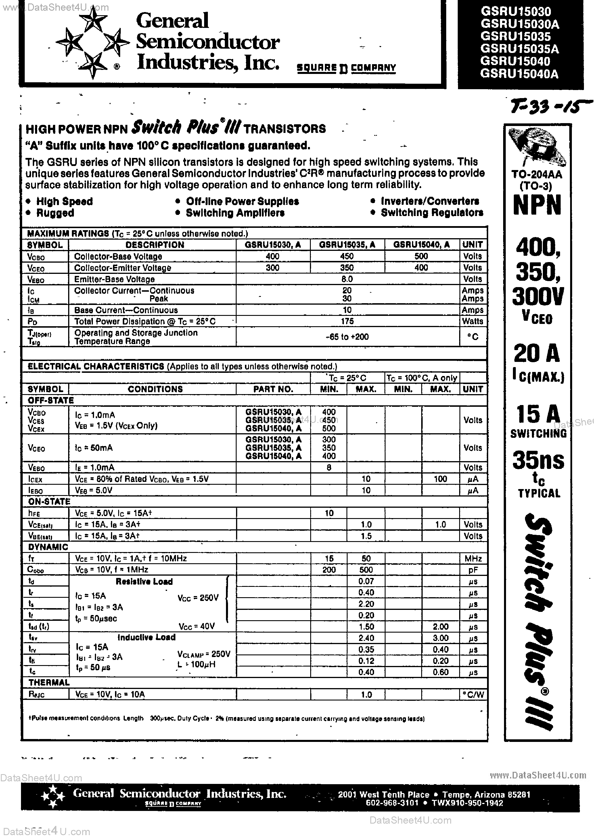 Даташит на микросхему GSRU15030 страница 1 Даташит GSRU15030 - (GSRU15030 - GSRU15040) High Power NPN Transistors страница 1