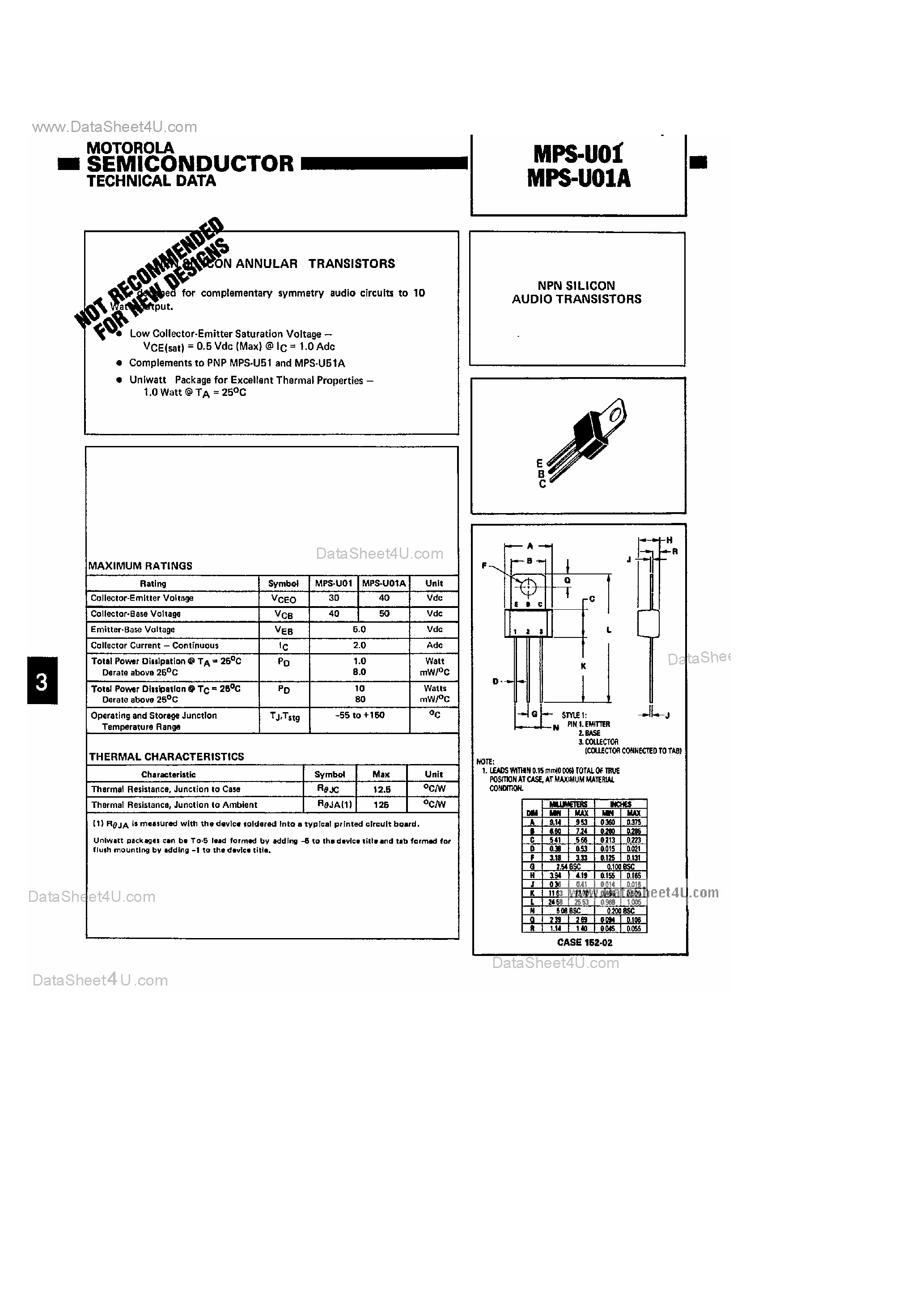 Datasheet MPS-U01 page 1 Datasheet MPS-U01 - (MPS-U01 / MPS-U01A) NPN SILICON AUDIO TRANSISTORS page 1