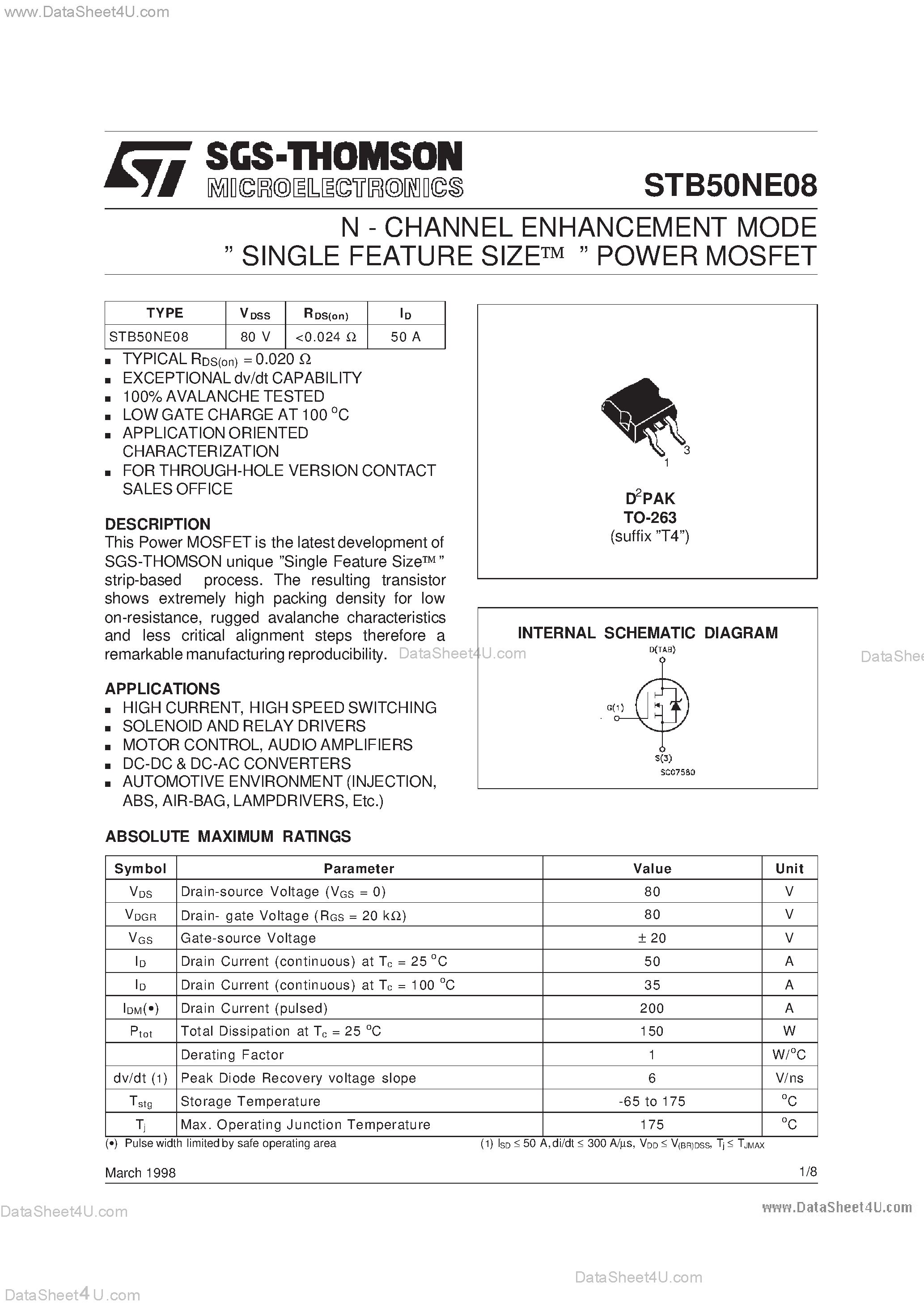 Datasheet STB50NE08 - N-CHANNEL POWER MOSFET page 1