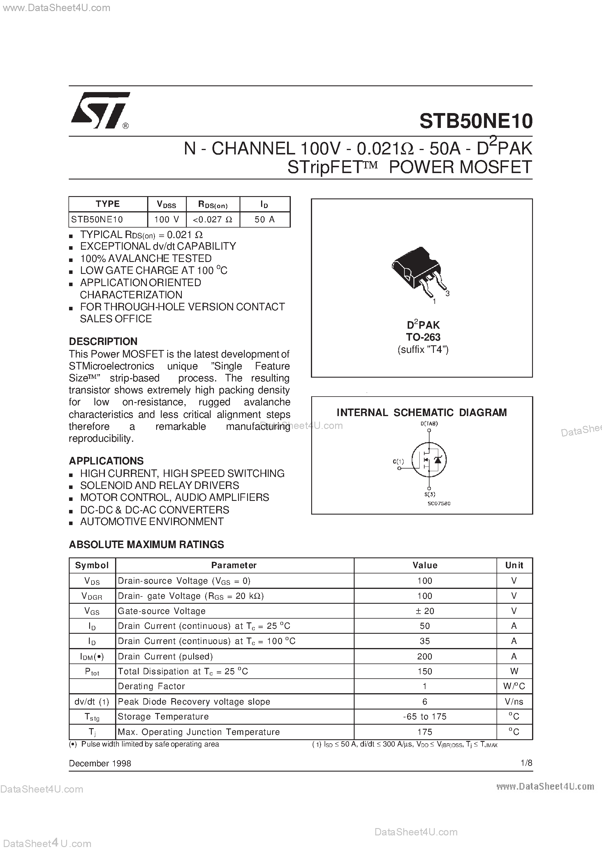 Datasheet STB50NE10 - N-CHANNEL POWER MOSFET page 1