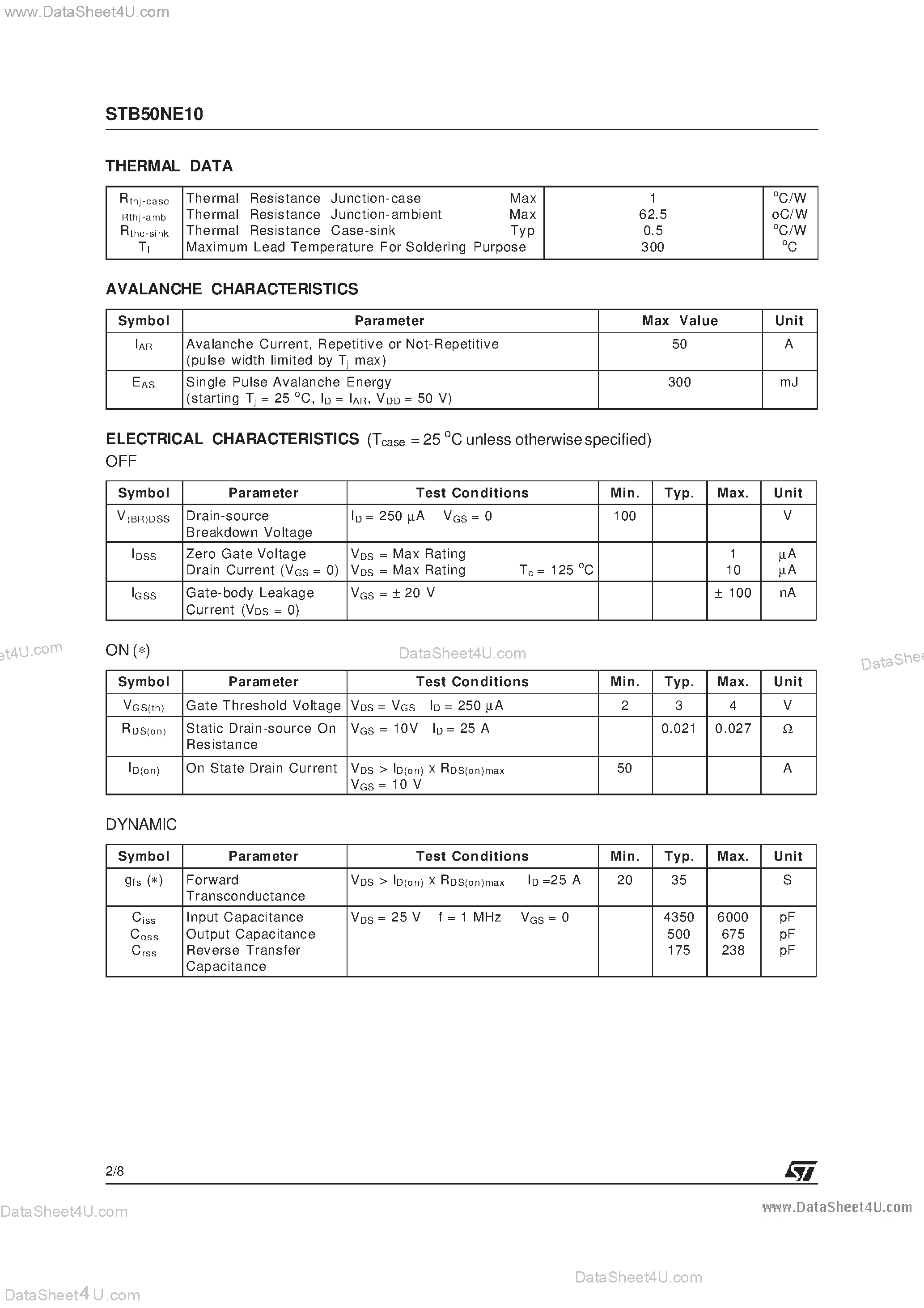 Datasheet STB50NE10 - N-CHANNEL POWER MOSFET page 2