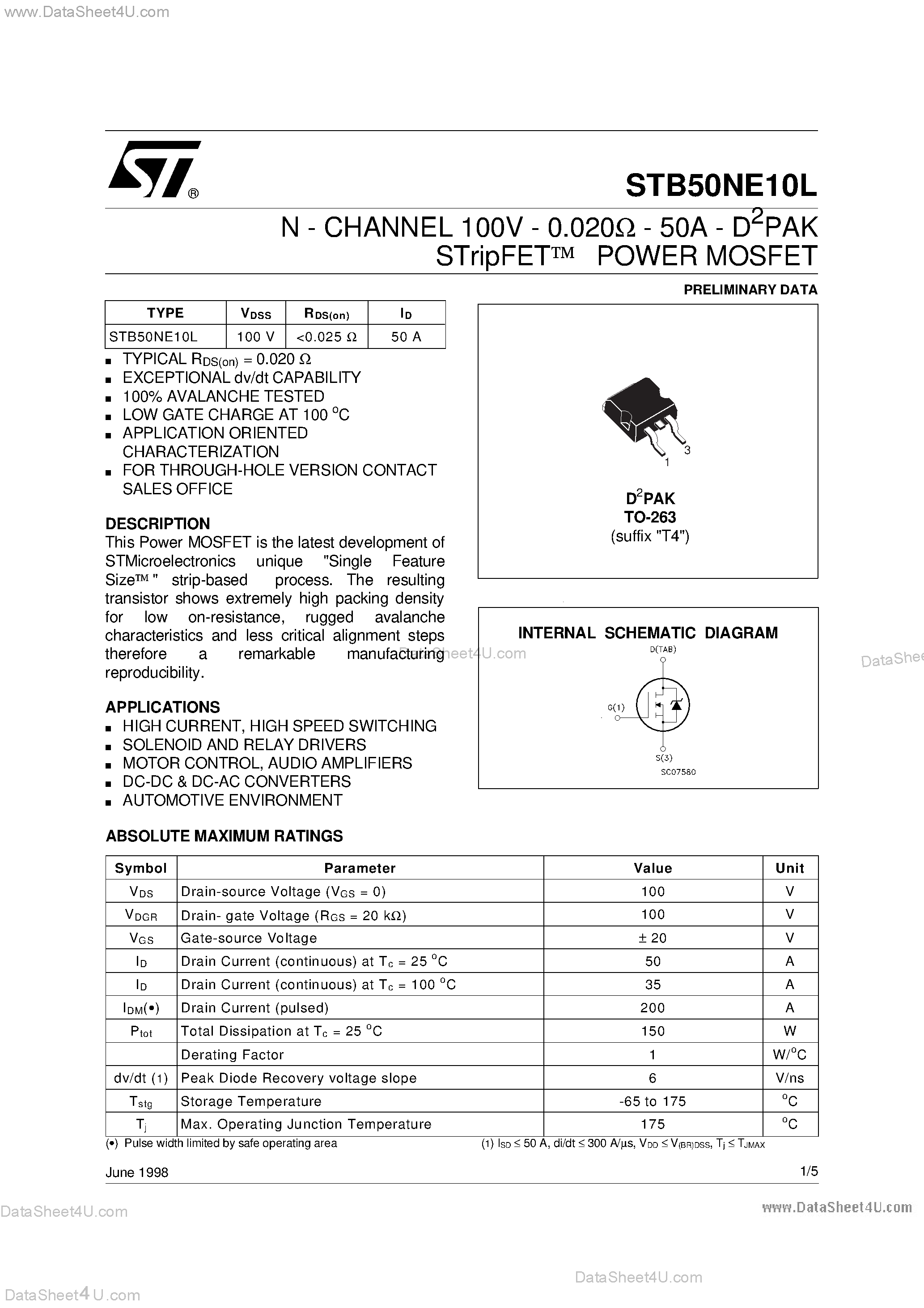 Datasheet STB50NE10L - N-CHANNEL POWER MOSFET page 1