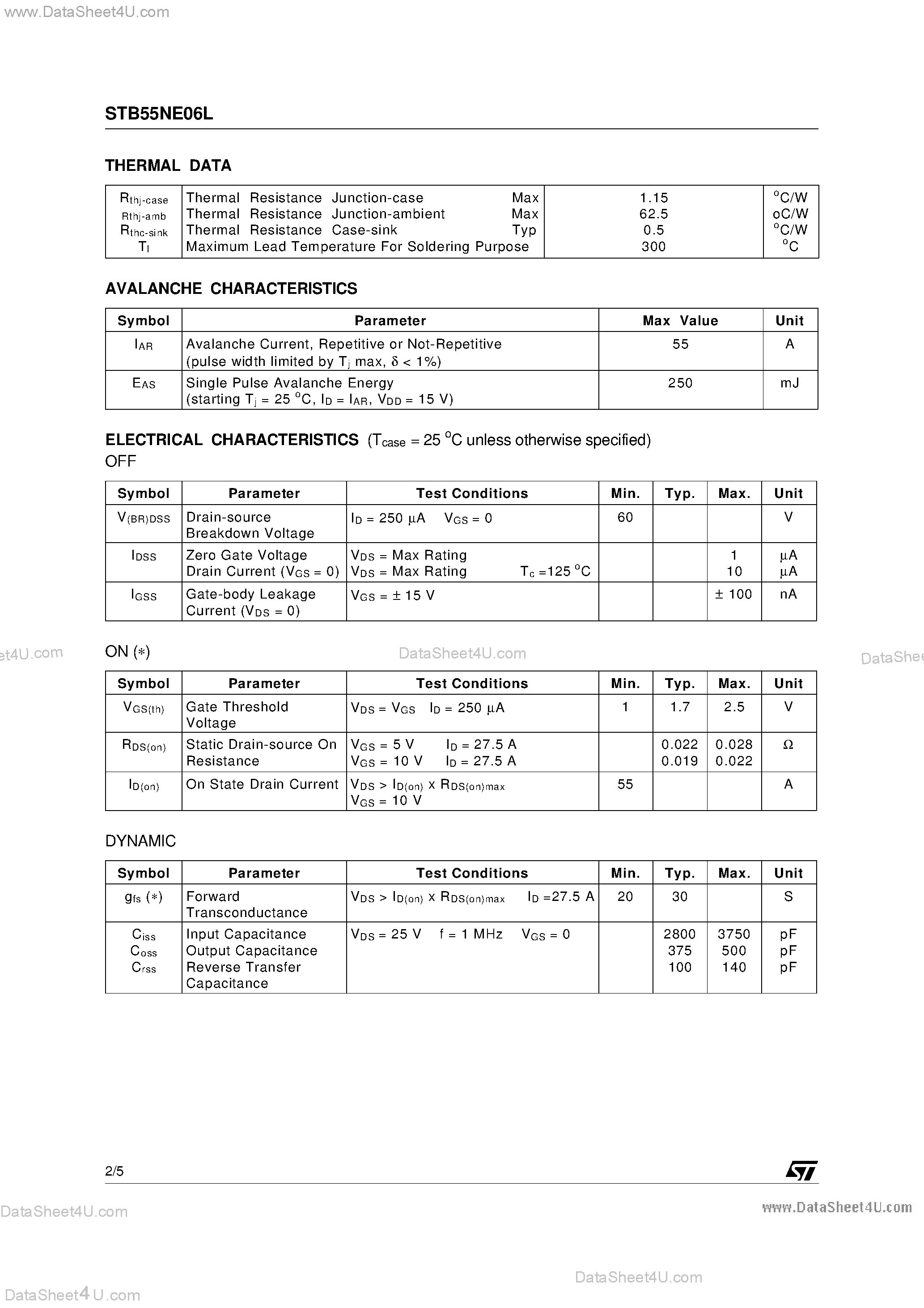 Datasheet STB55NE06L - N-CHANNEL POWER MOSFET page 2