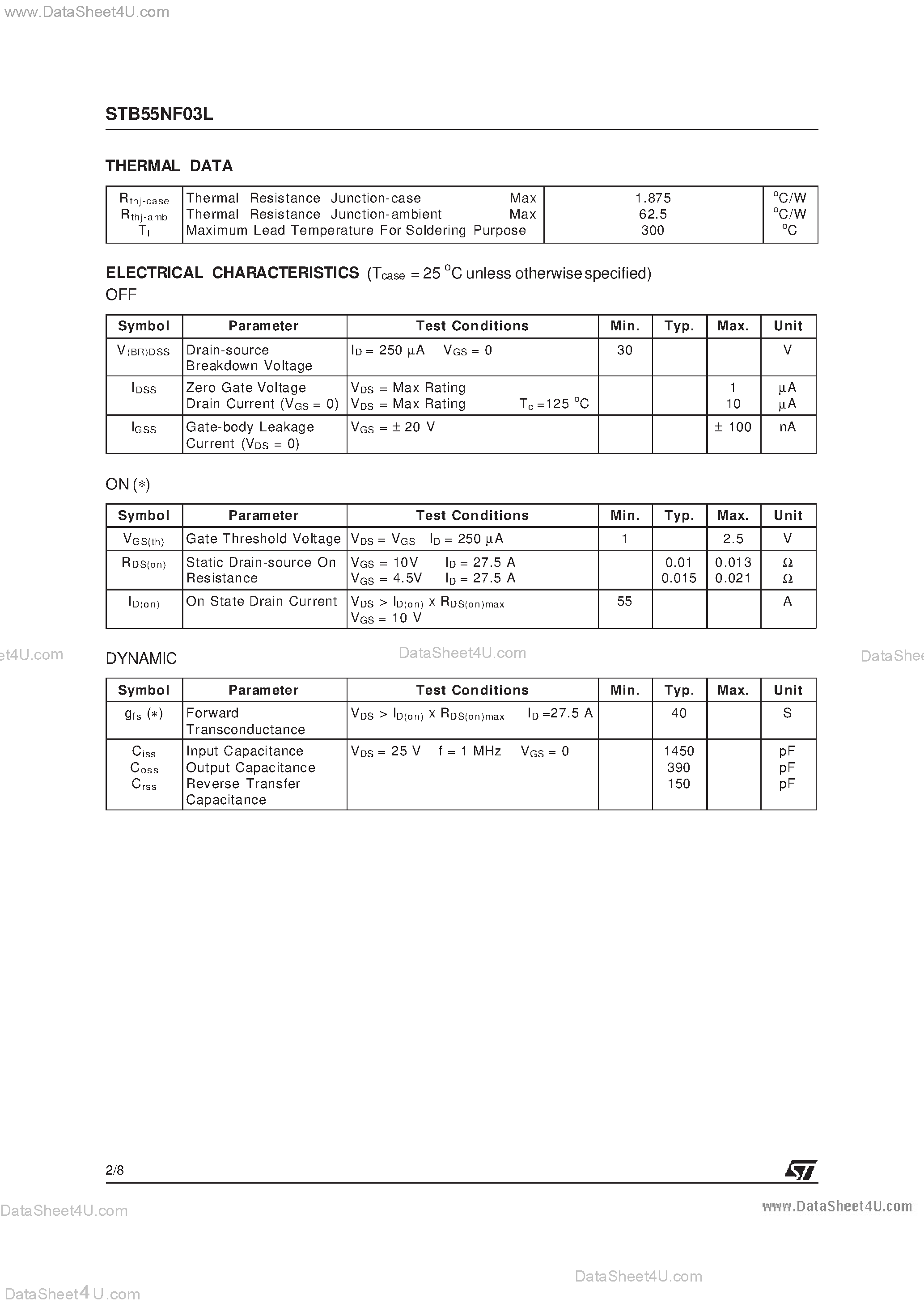 Datasheet STB55NF03L - N-CHANNEL POWER MOSFET page 2