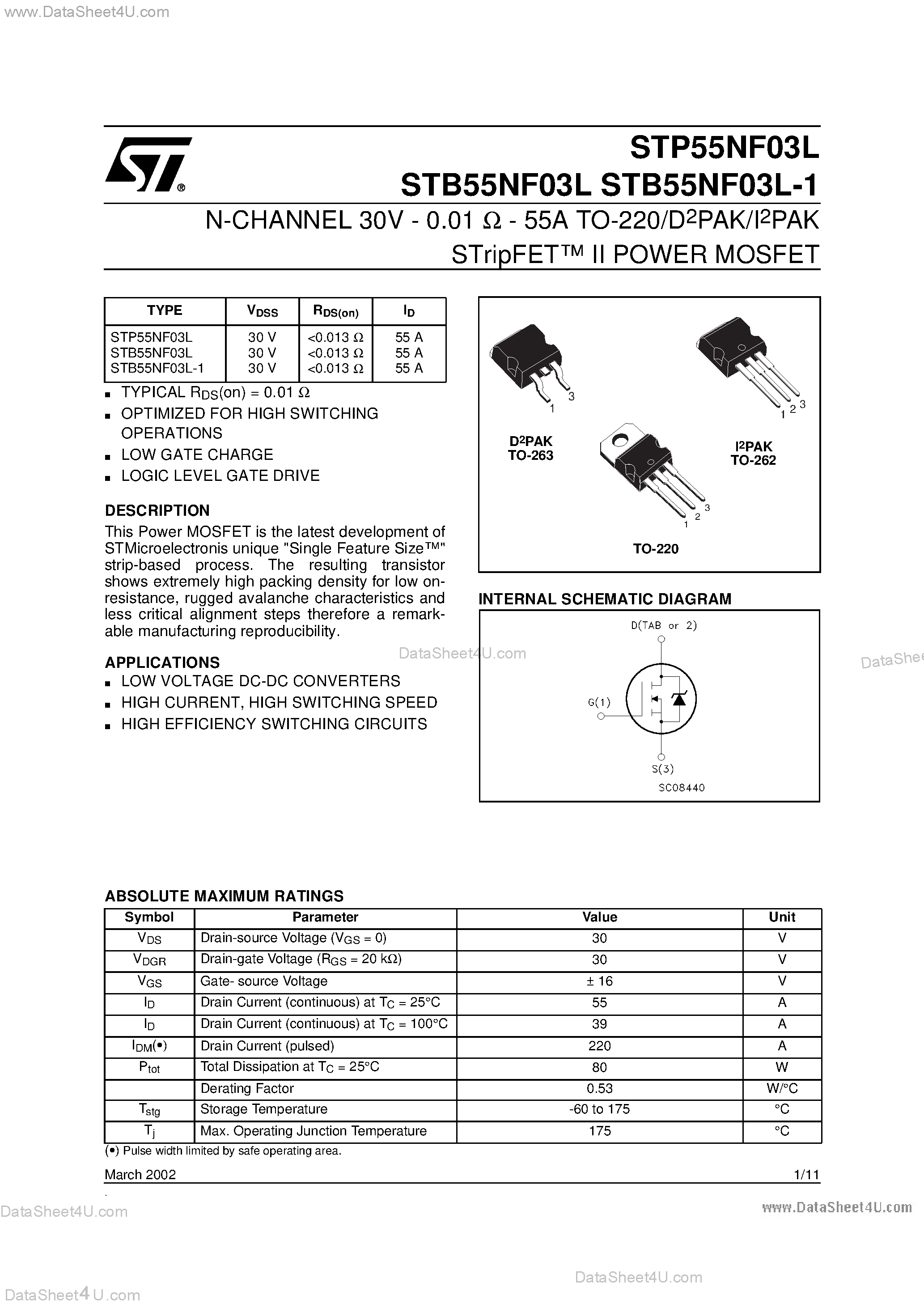 Datasheet STB55NF03L-1 - N-CHANNEL POWER MOSFET page 1