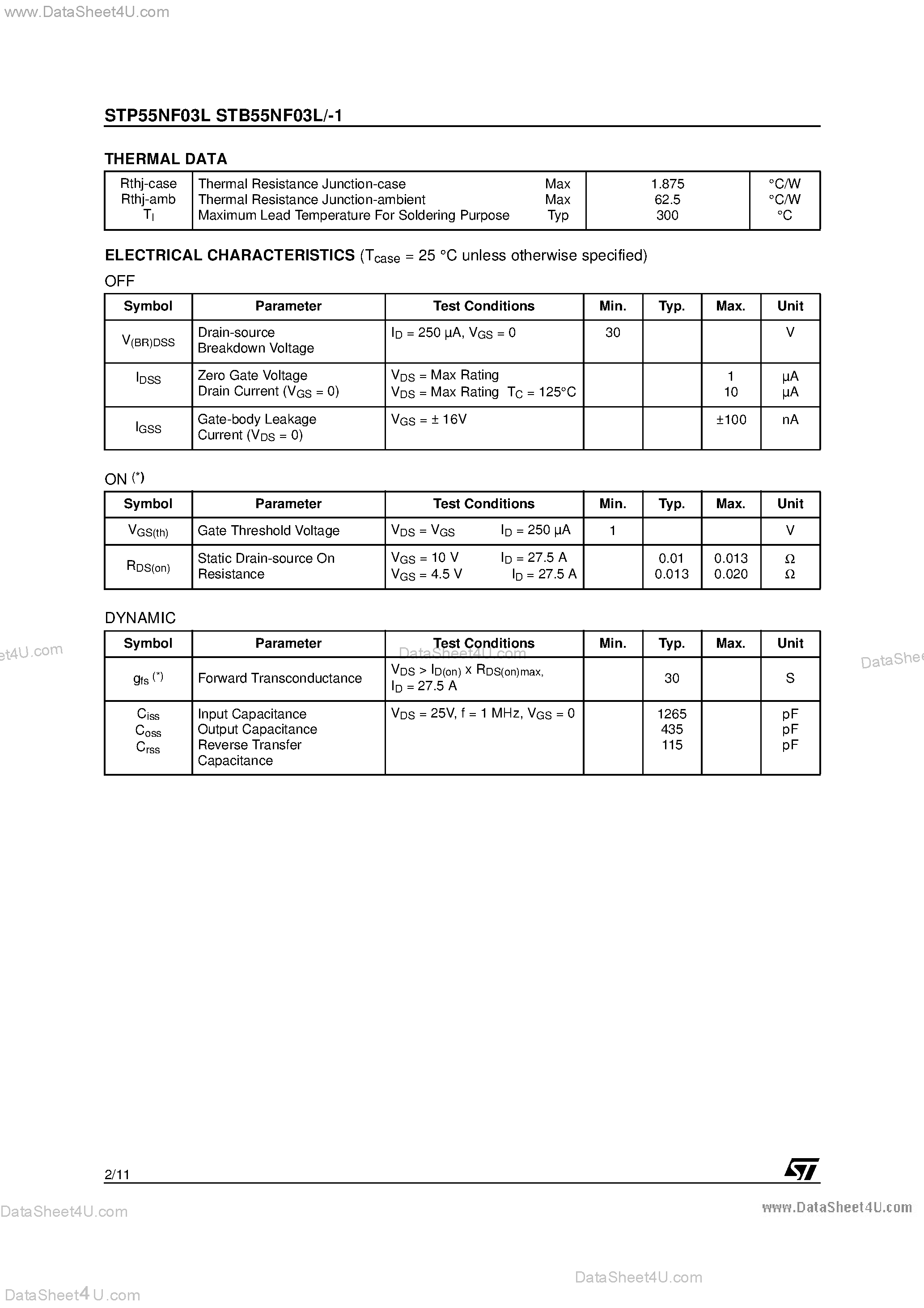 Datasheet STB55NF03L-1 - N-CHANNEL POWER MOSFET page 2