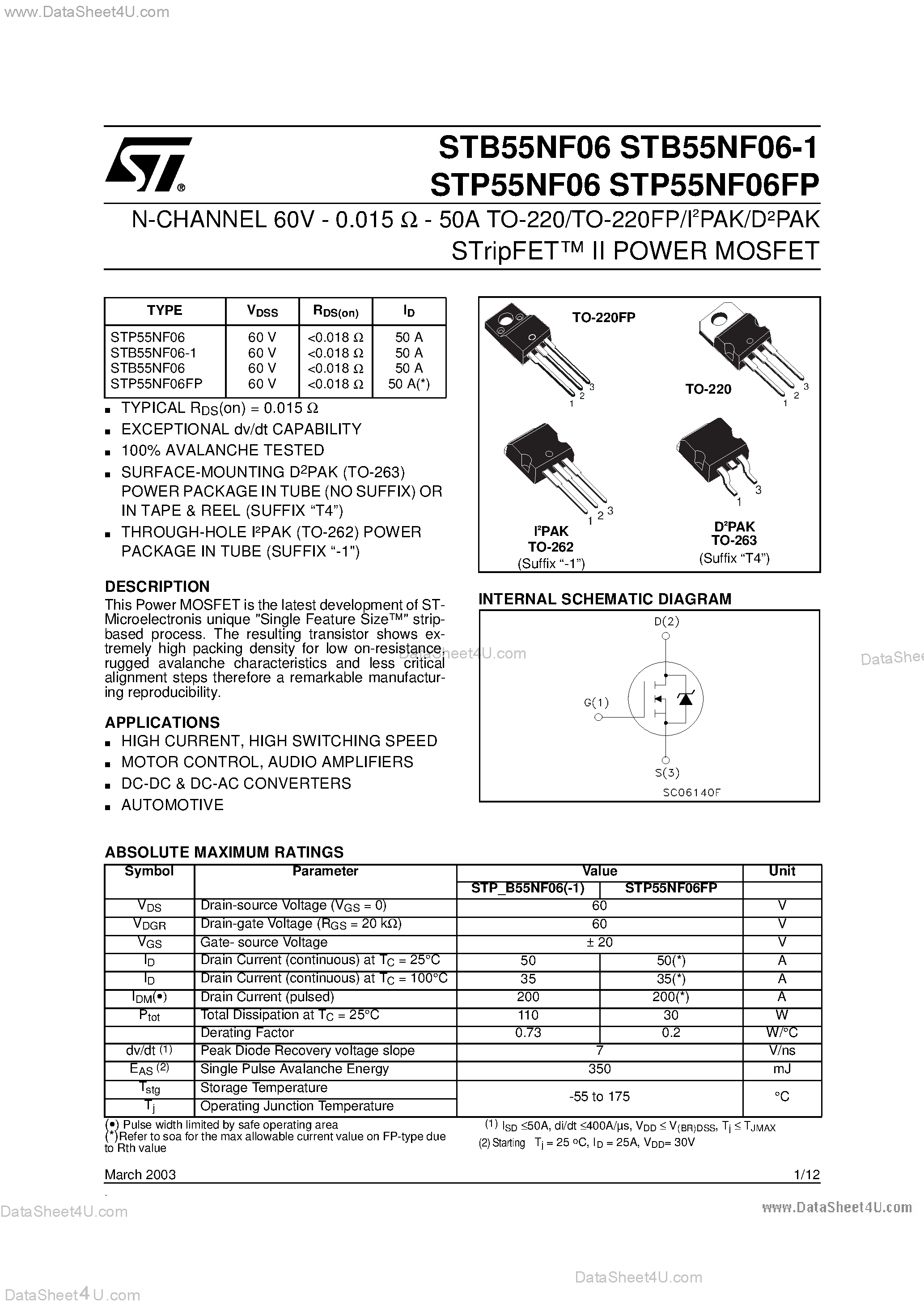 Datasheet STB55NF06 - N-CHANNEL POWER MOSFET page 1