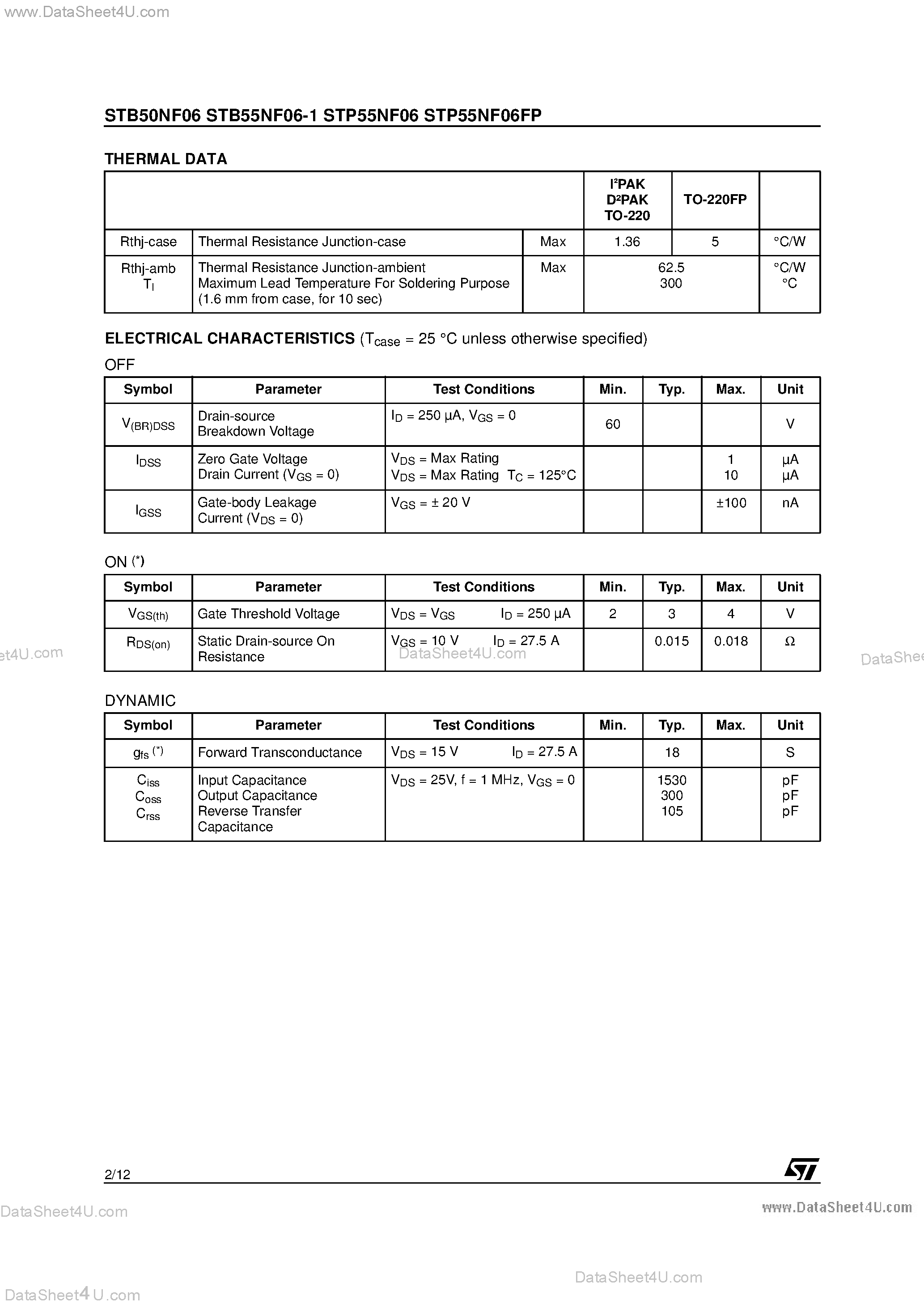 Datasheet STB55NF06 - N-CHANNEL POWER MOSFET page 2