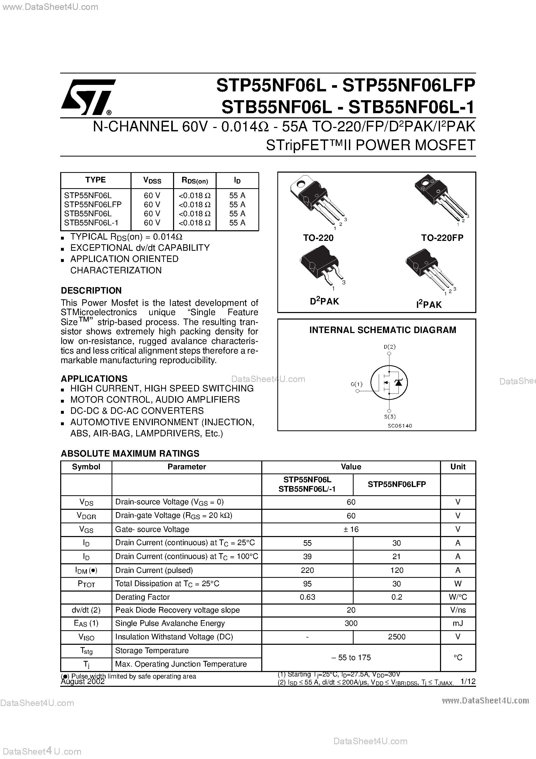 Datasheet STB55NF06L - N-CHANNEL POWER MOSFET page 1