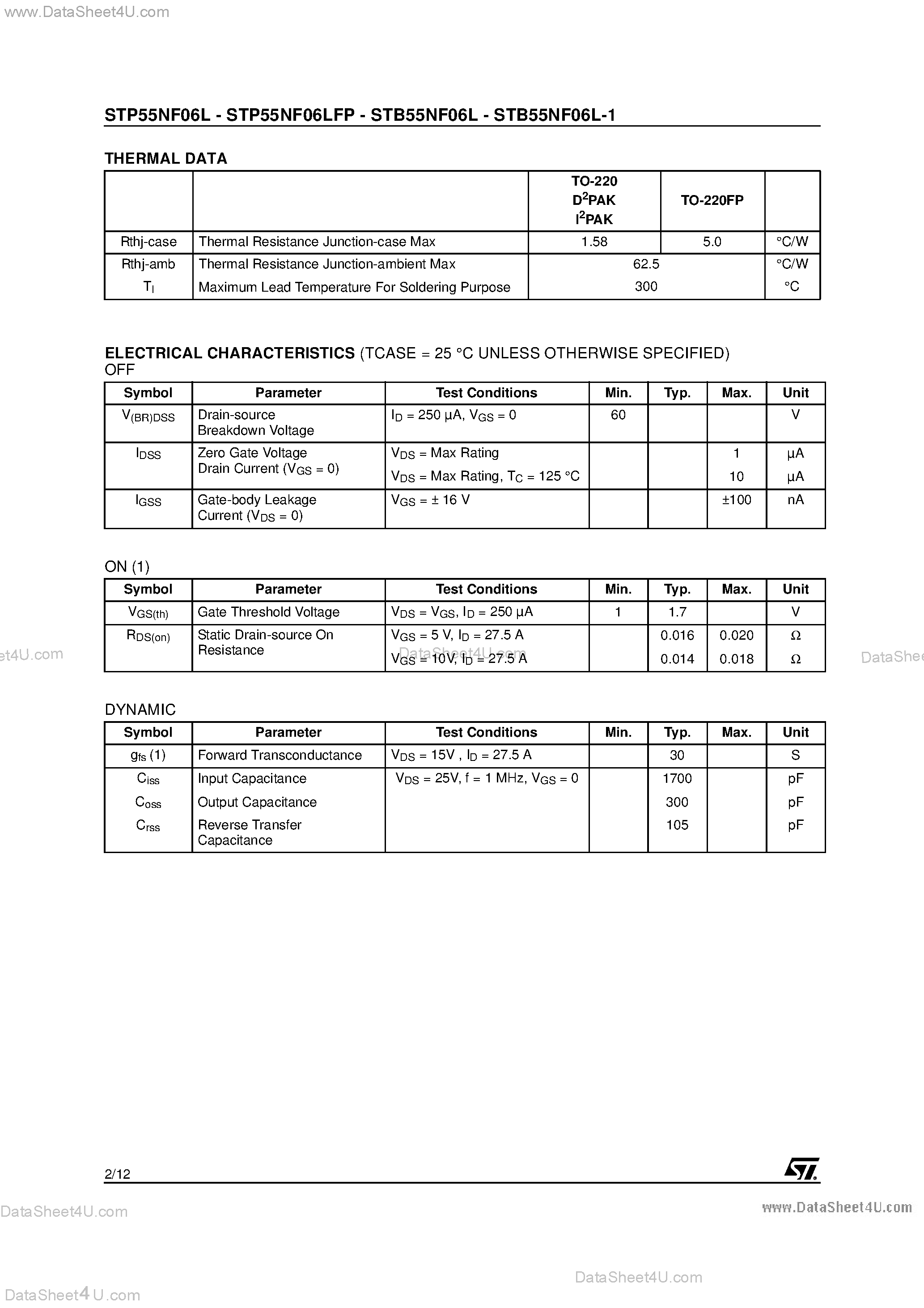 Datasheet STB55NF06L - N-CHANNEL POWER MOSFET page 2