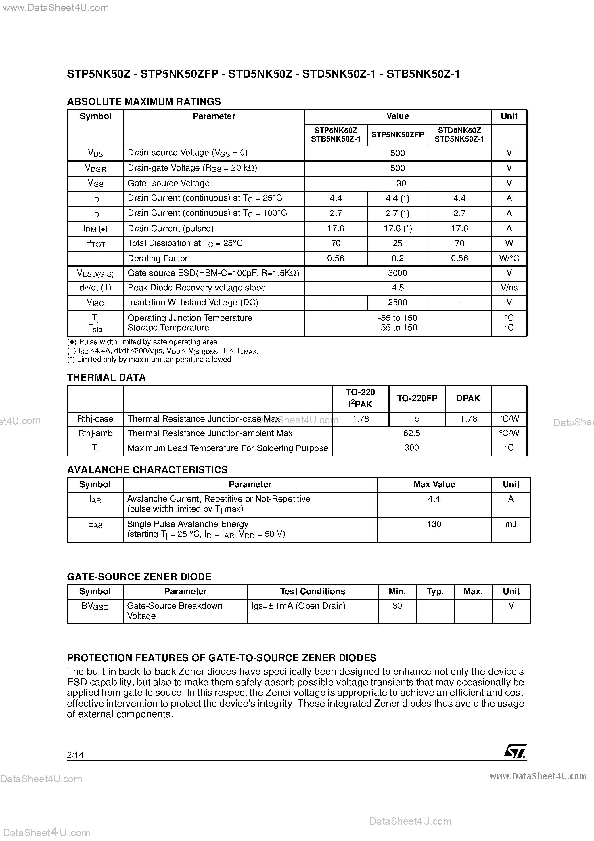 Datasheet STB5BK50Z-1 - N-CHANNEL POWER MOSFET page 2