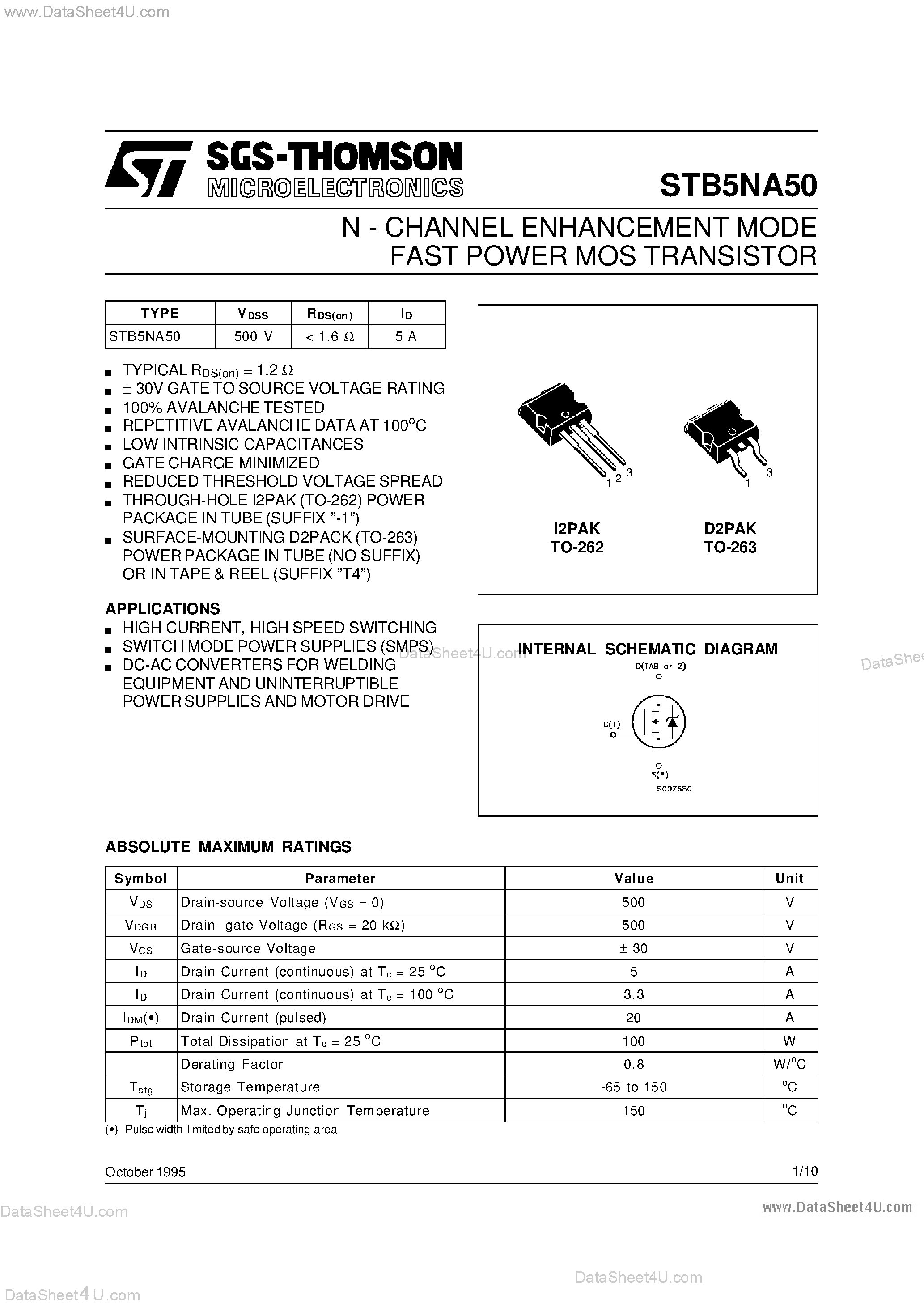 Datasheet STB5NA50 - N-CHANNEL POWER MOSFET page 1