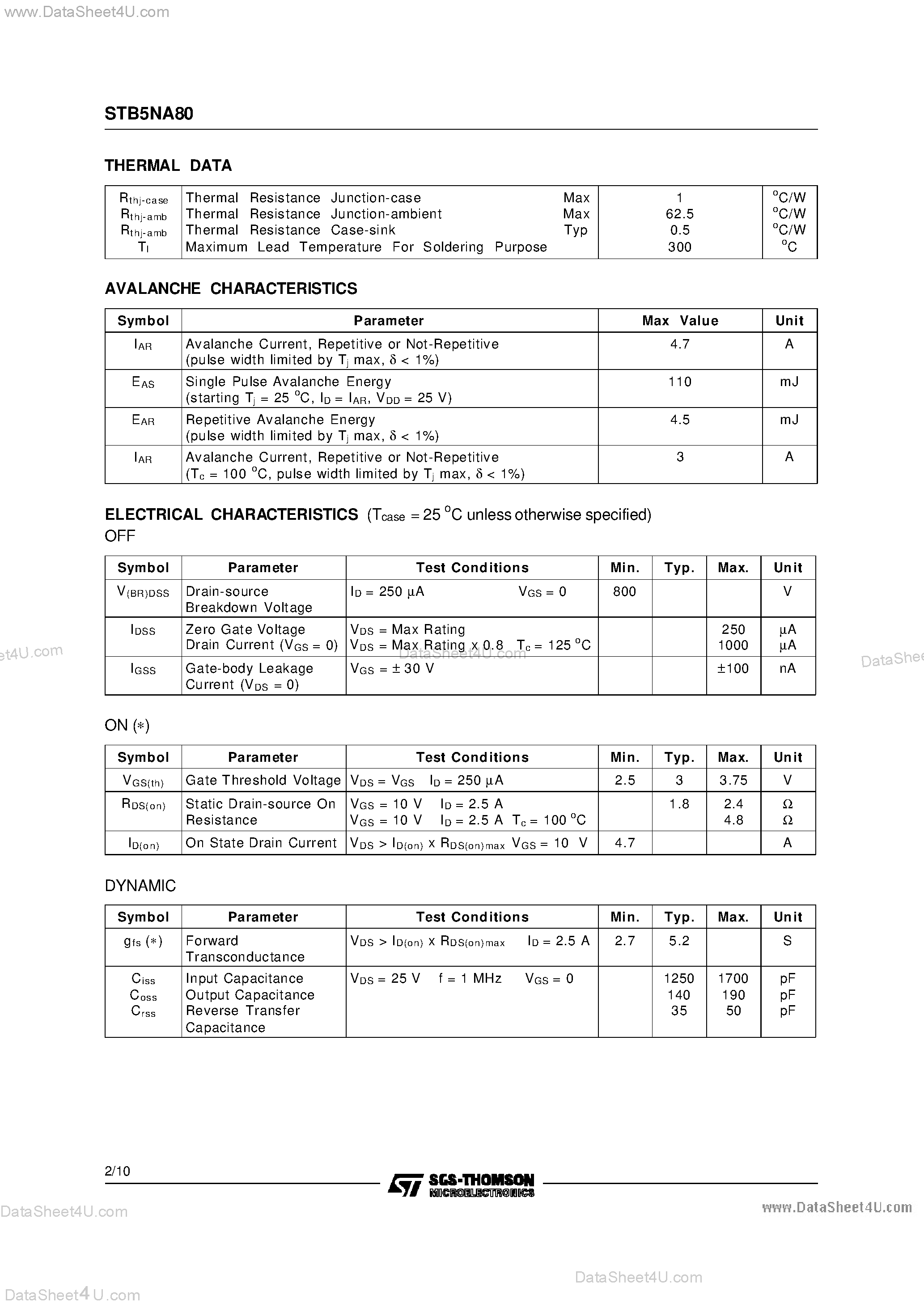 Datasheet STB5NA80 - N-CHANNEL POWER MOSFET page 2