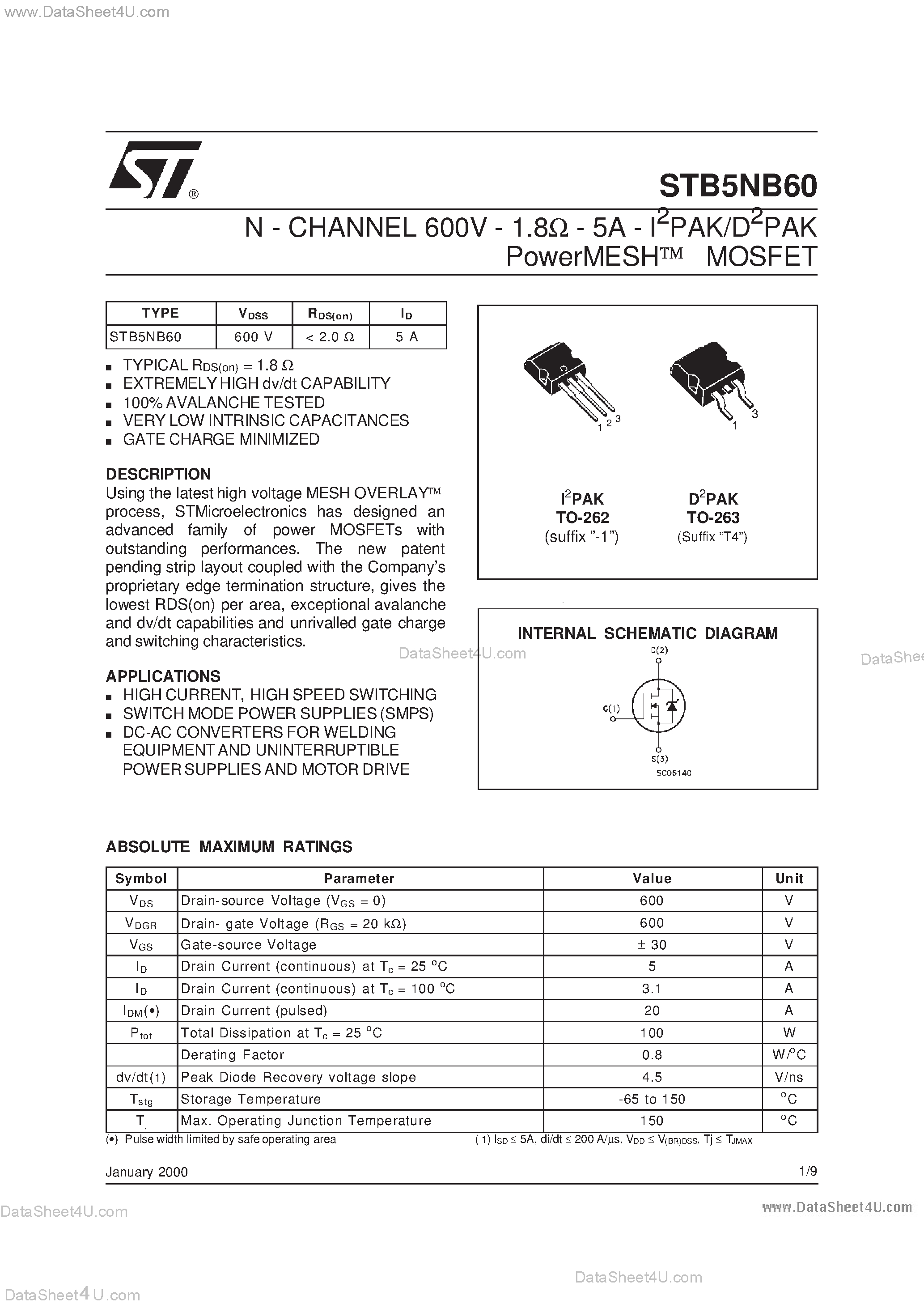 Datasheet STB5NB60 - N-CHANNEL POWER MOSFET page 1