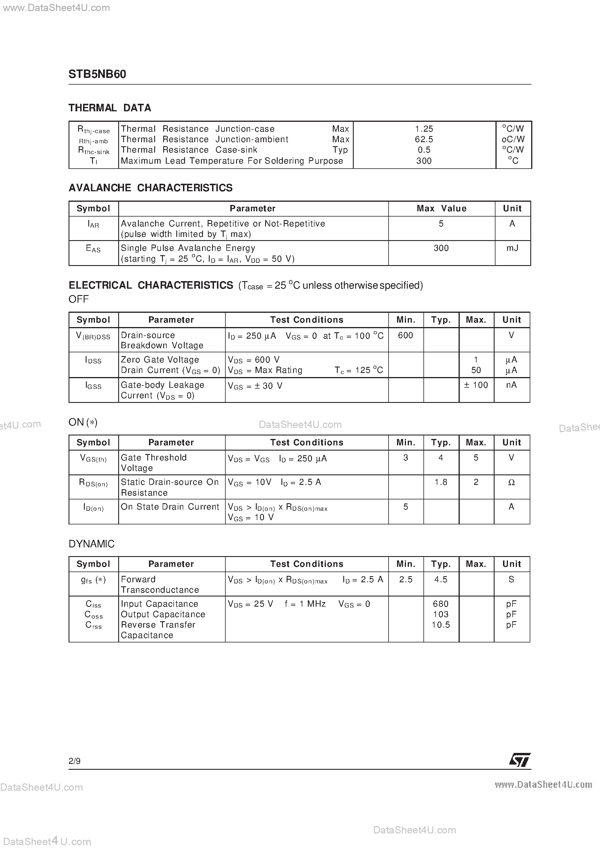Datasheet STB5NB60 - N-CHANNEL POWER MOSFET page 2