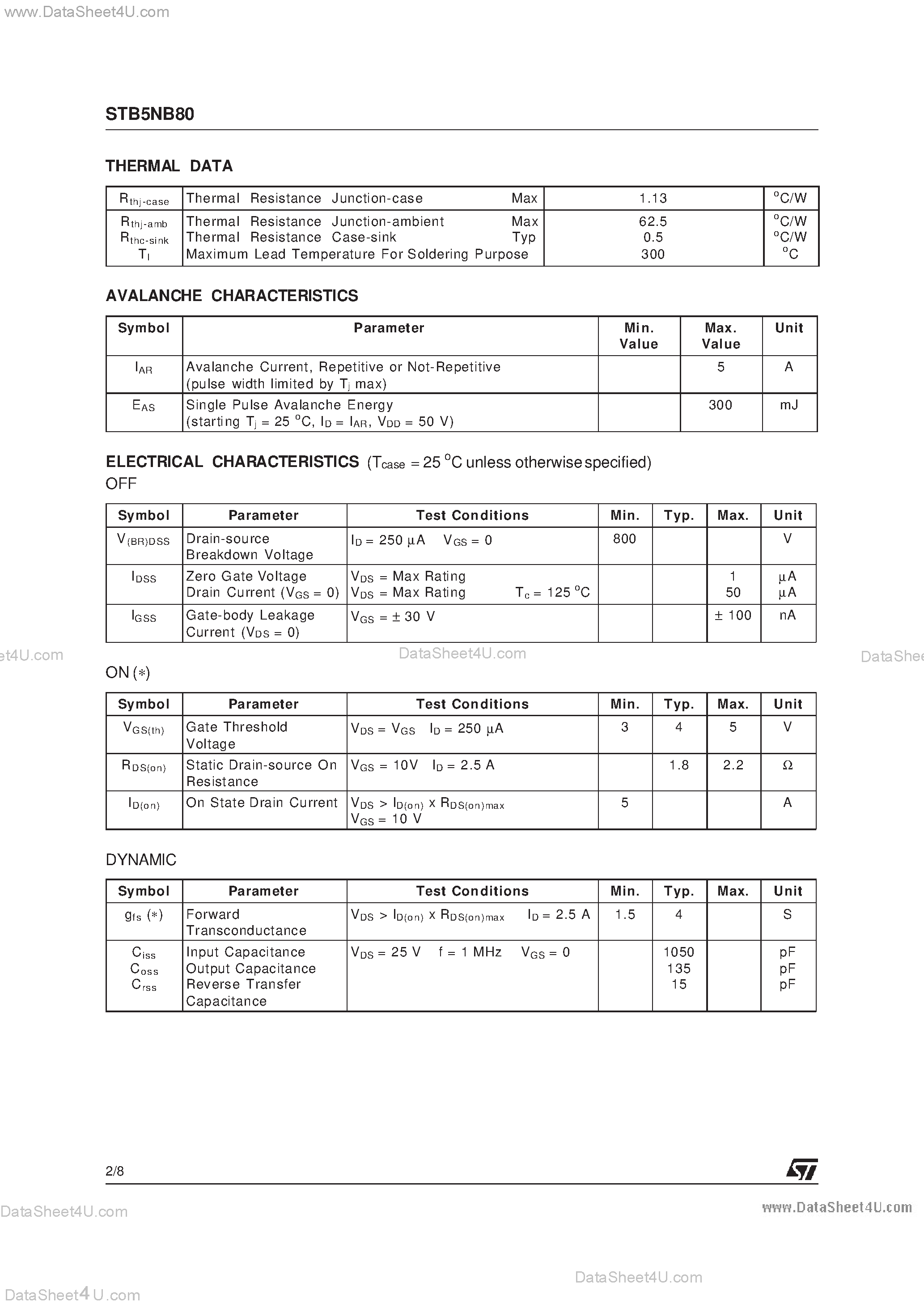 Datasheet STB5NB80 - N-CHANNEL POWER MOSFET page 2