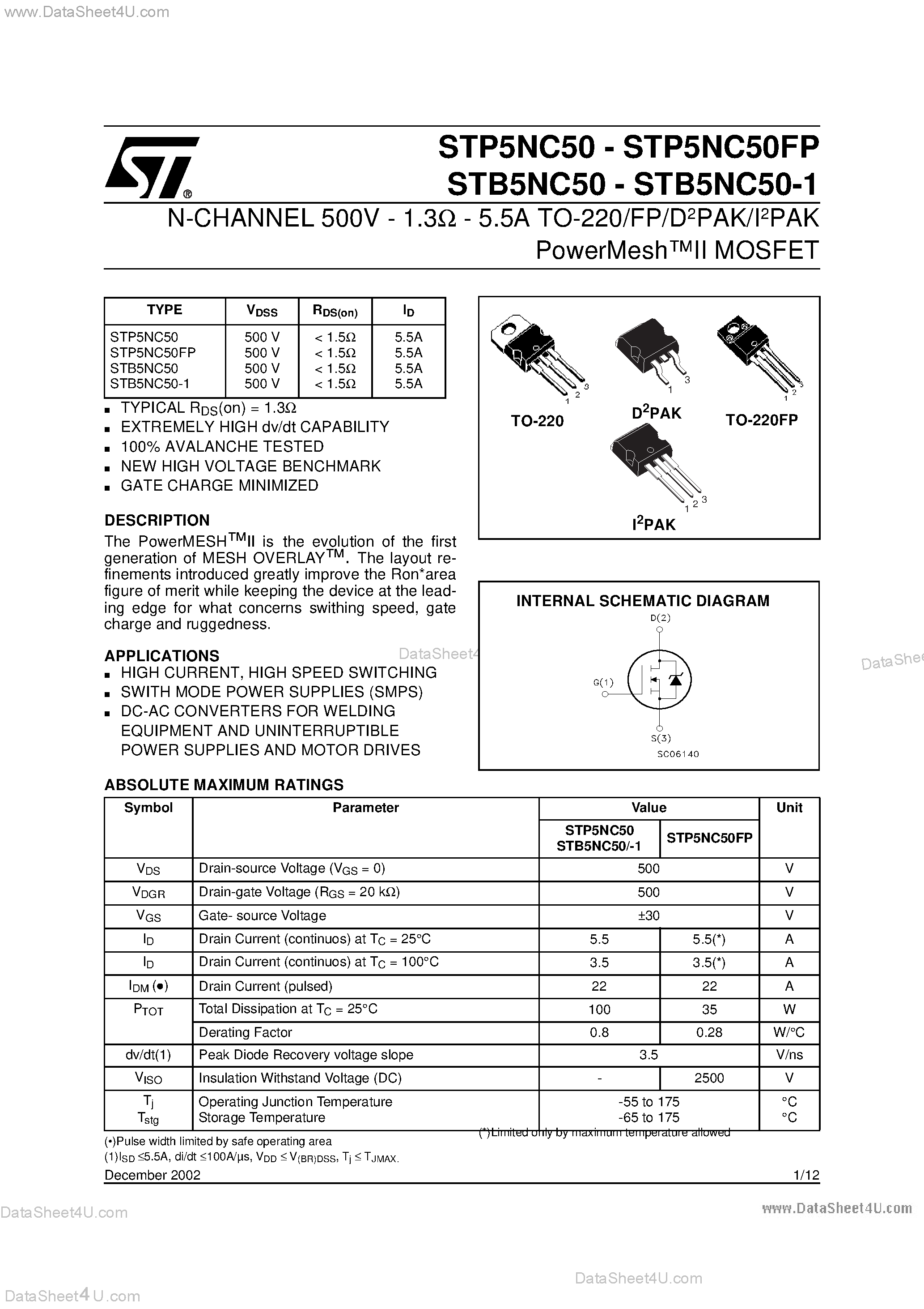 Datasheet STB5NC50 - N-CHANNEL POWER MOSFET page 1