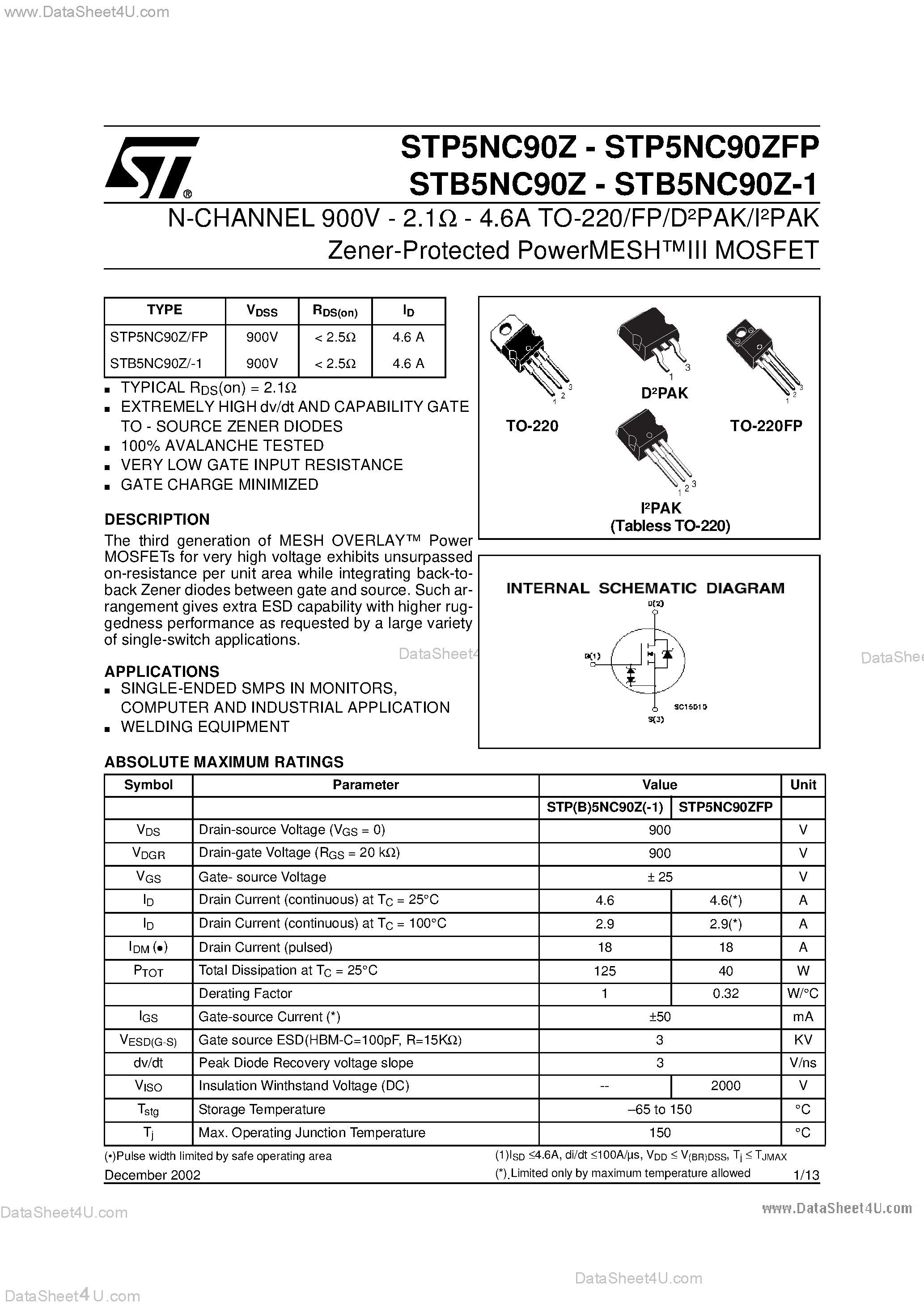 Datasheet STB5NC90Z - N-CHANNEL POWER MOSFET page 1