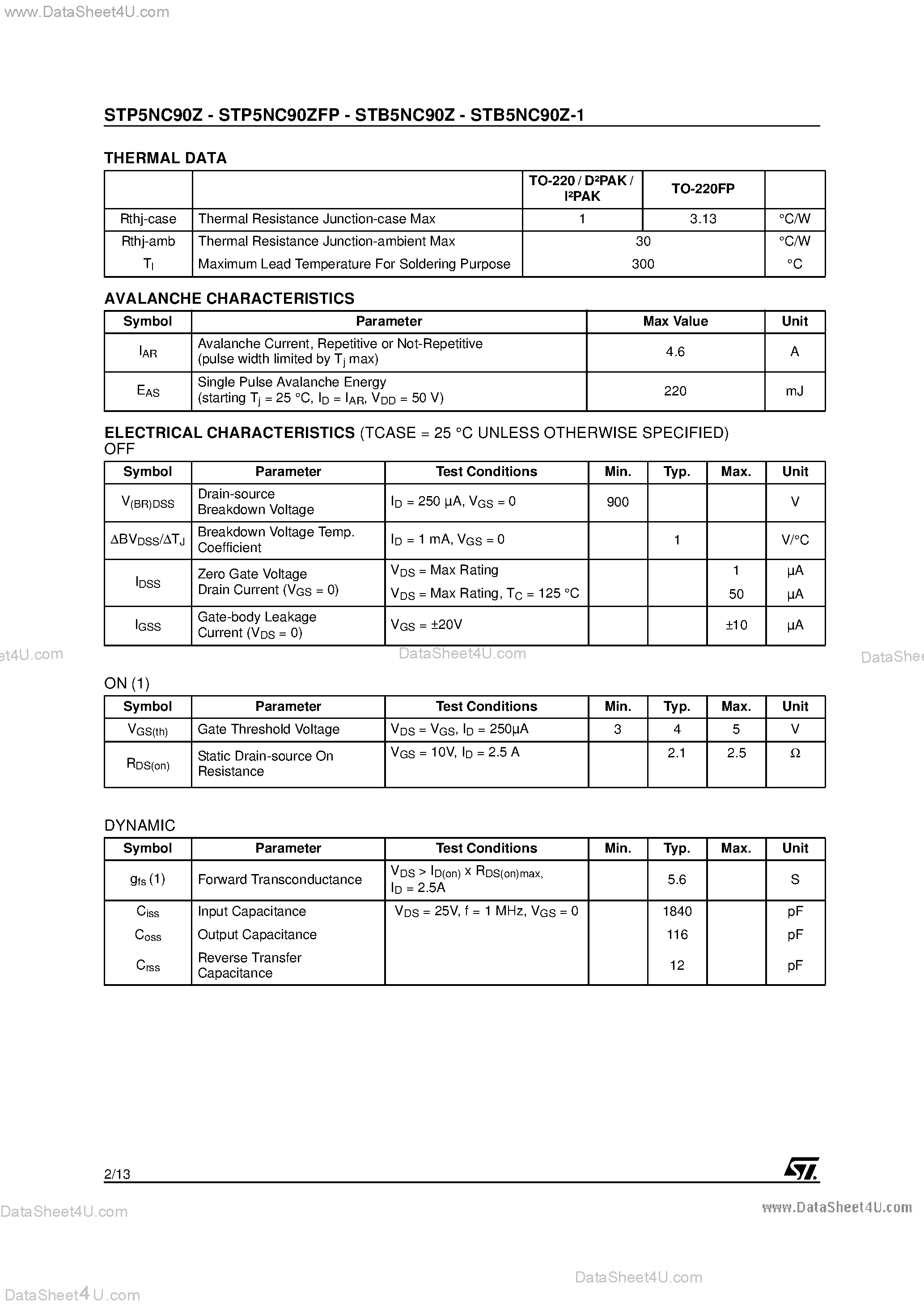 Datasheet STB5NC90Z - N-CHANNEL POWER MOSFET page 2