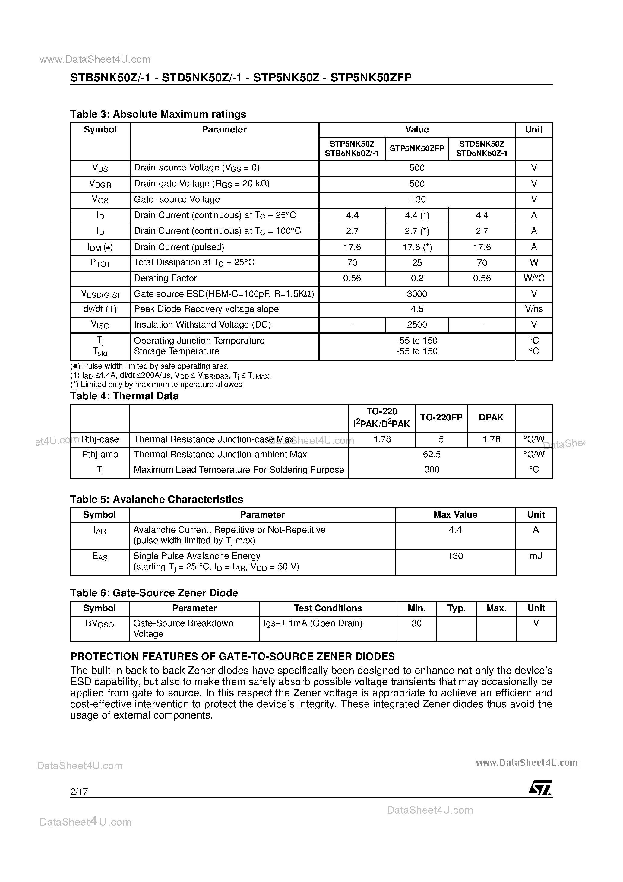 Datasheet STB5NK50Z - N-CHANNEL POWER MOSFET page 2