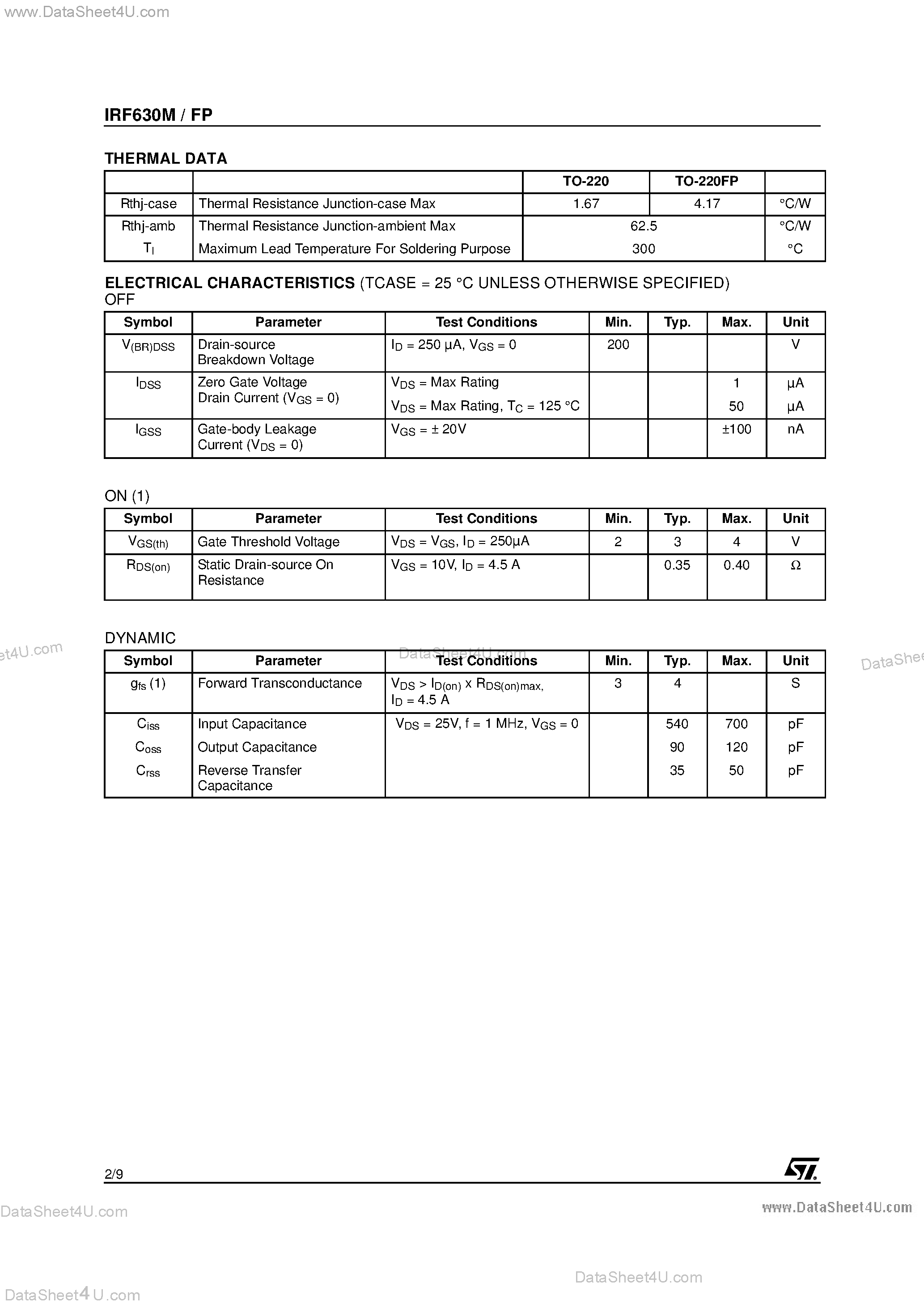 Datasheet IRF630M - N-CHANNEL 200V - 0.35W - 9A TO-220/TO-220FP MESH OVERLAY MOSFET page 2