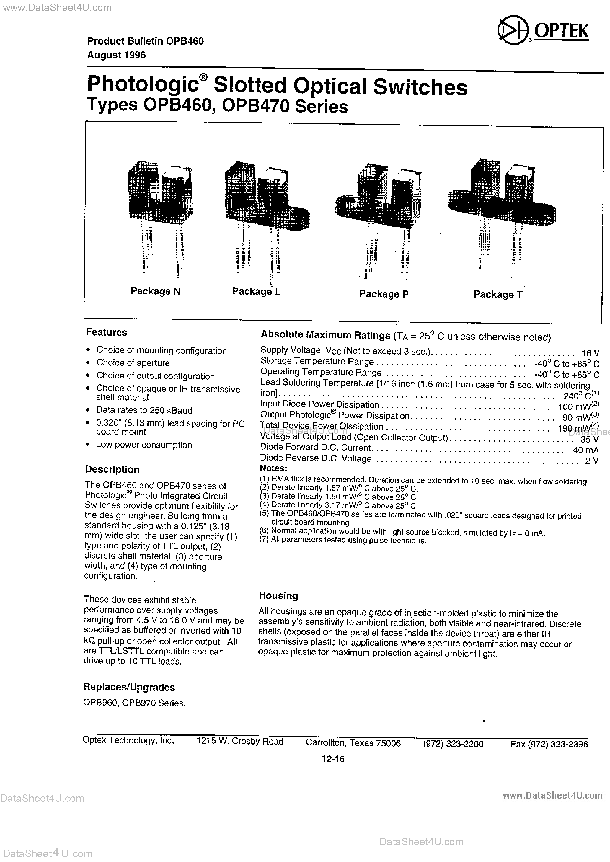 Datasheet OPB460xxx page 1 Datasheet OPB460xxx - (OPB46x / OPB47x) Slotted Switch 890nm Open Collector Photologic page 1