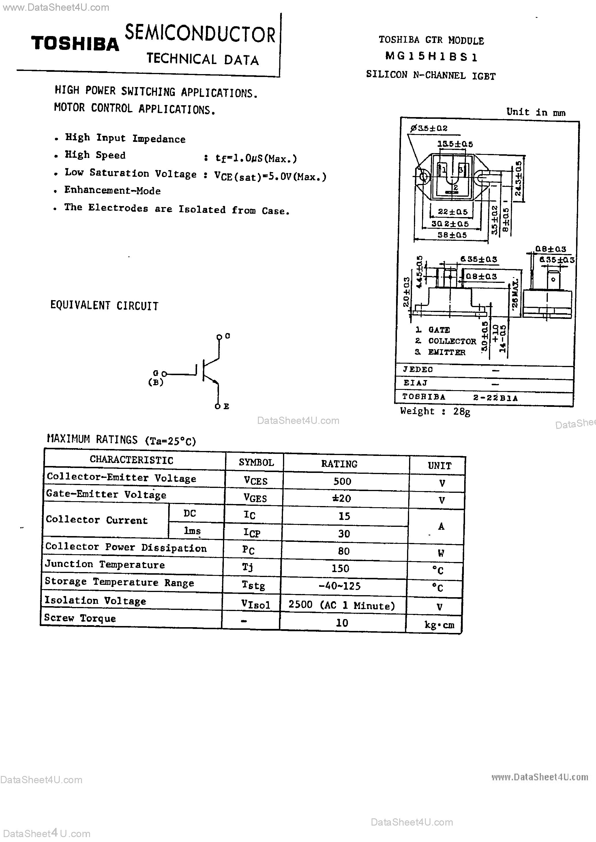 Datasheet MG15H1BS1 - Silicon N-Channel IGBT page 1
