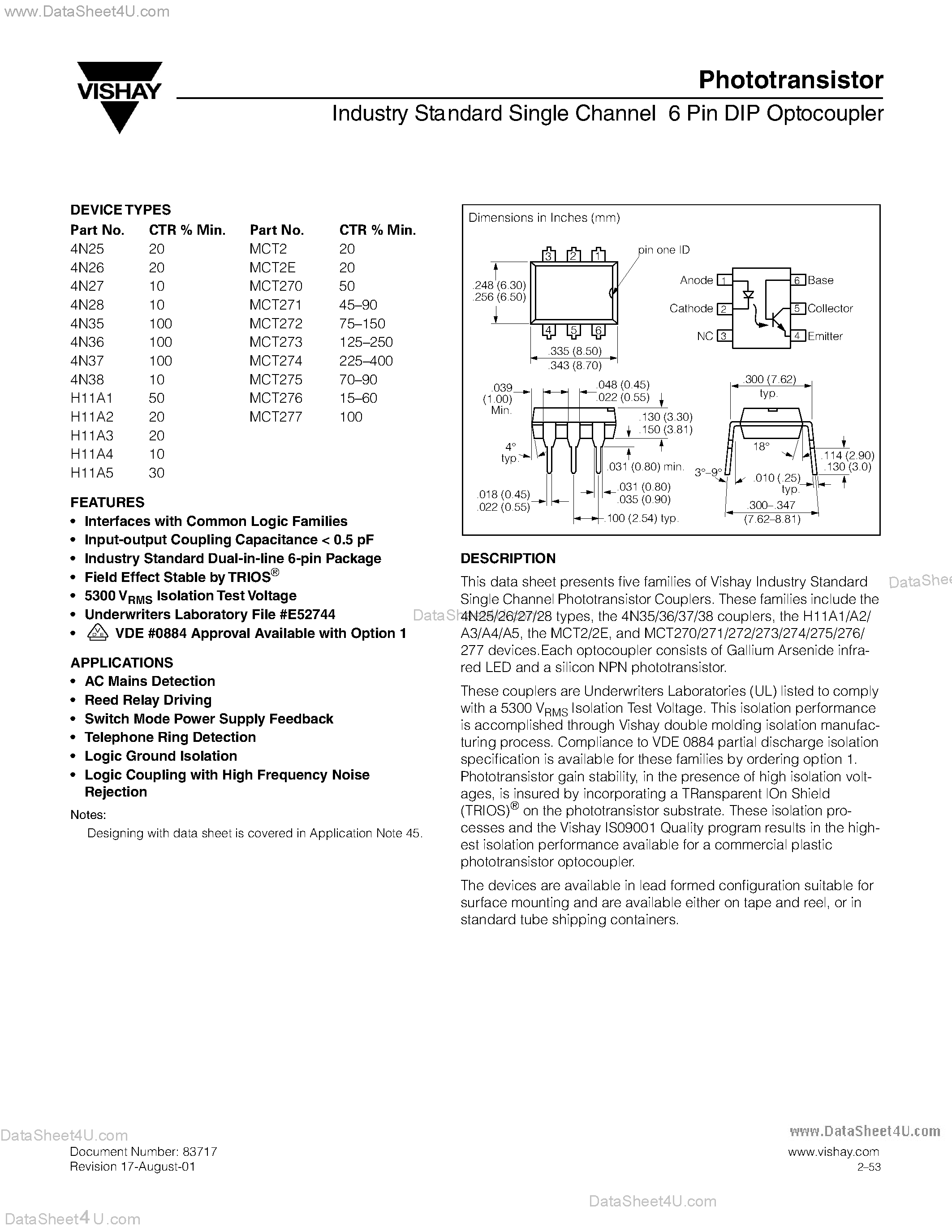 Datasheet H11A1 page 1 Datasheet H11A1 - (H11Ax) Industry Standard Single Channel 6 Pin DIP Optocoupler page 1