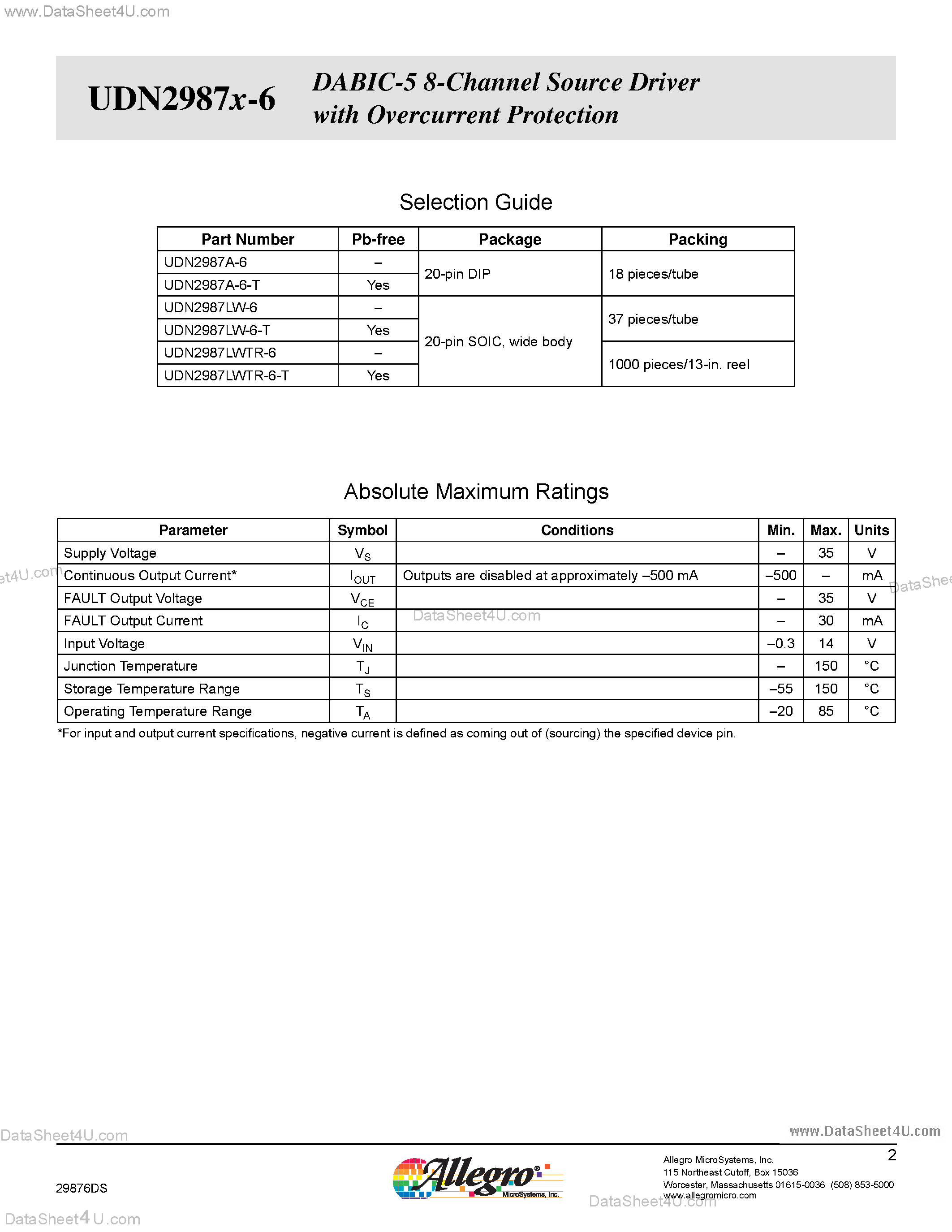 Даташит на микросхему UDN2987A-6 страница 2 Даташит UDN2987A-6 - (UDN2987x-6) 8-Channel Source Driver страница 2