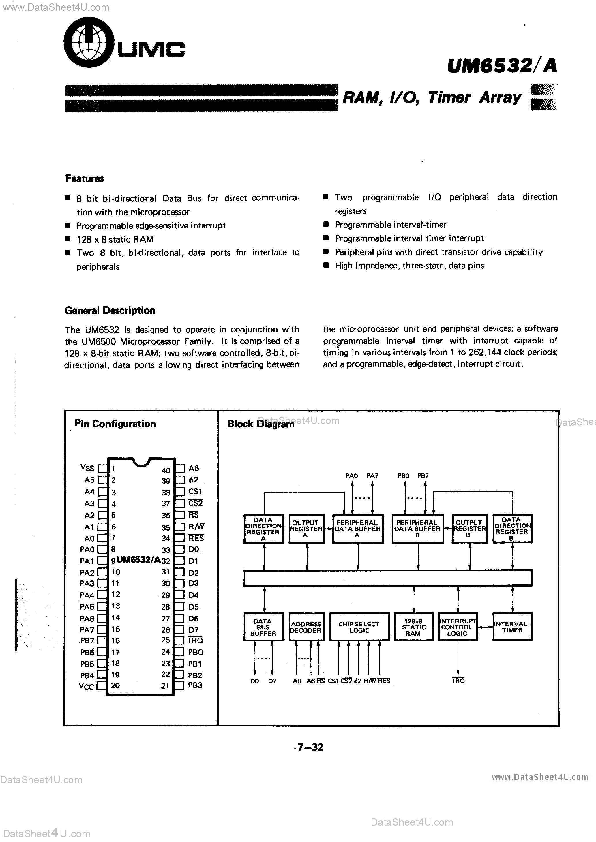 Даташит на микросхему UM6532 страница 1 Даташит UM6532 - RAM / I/O / Timer Array страница 1
