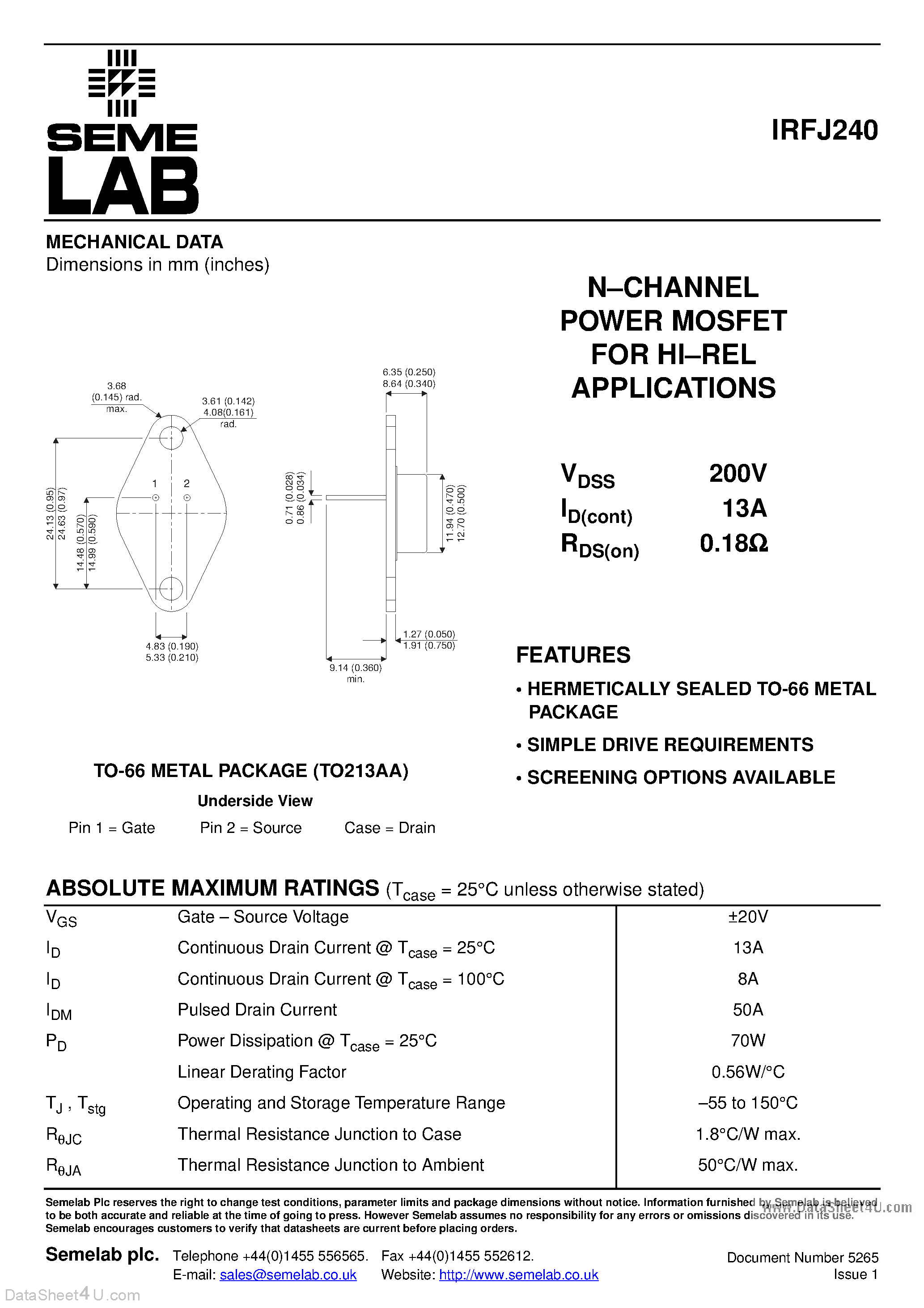 Datasheet IRFJ240 - N - CHANNEL POWER MOSFET FOR HI-REL APPLICATIONS page 1
