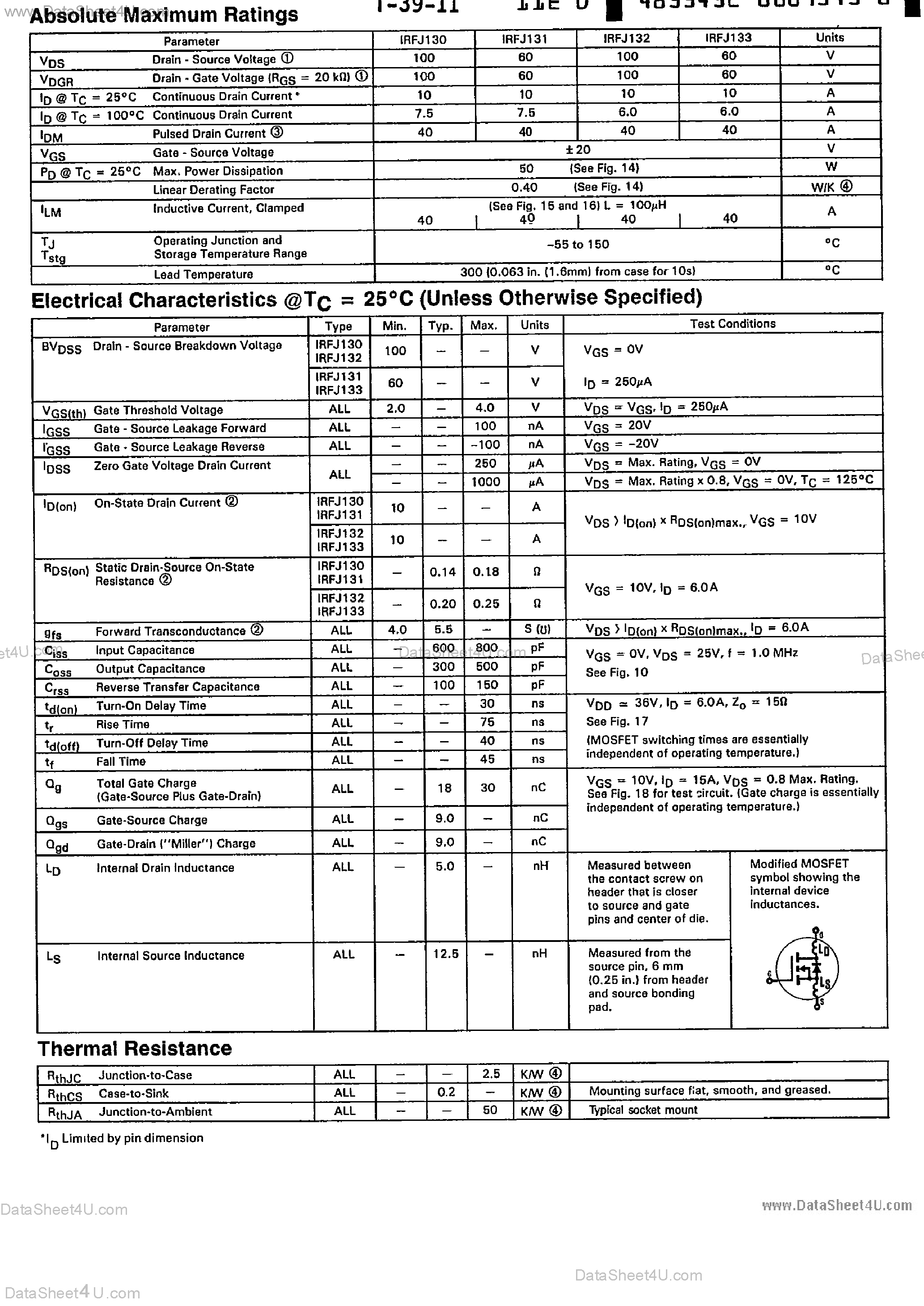 Datasheet IRFJ130 page 2 Datasheet IRFJ130 - (IRFJ130 - IRFJ133) N-Channel Power MOSFET page 2