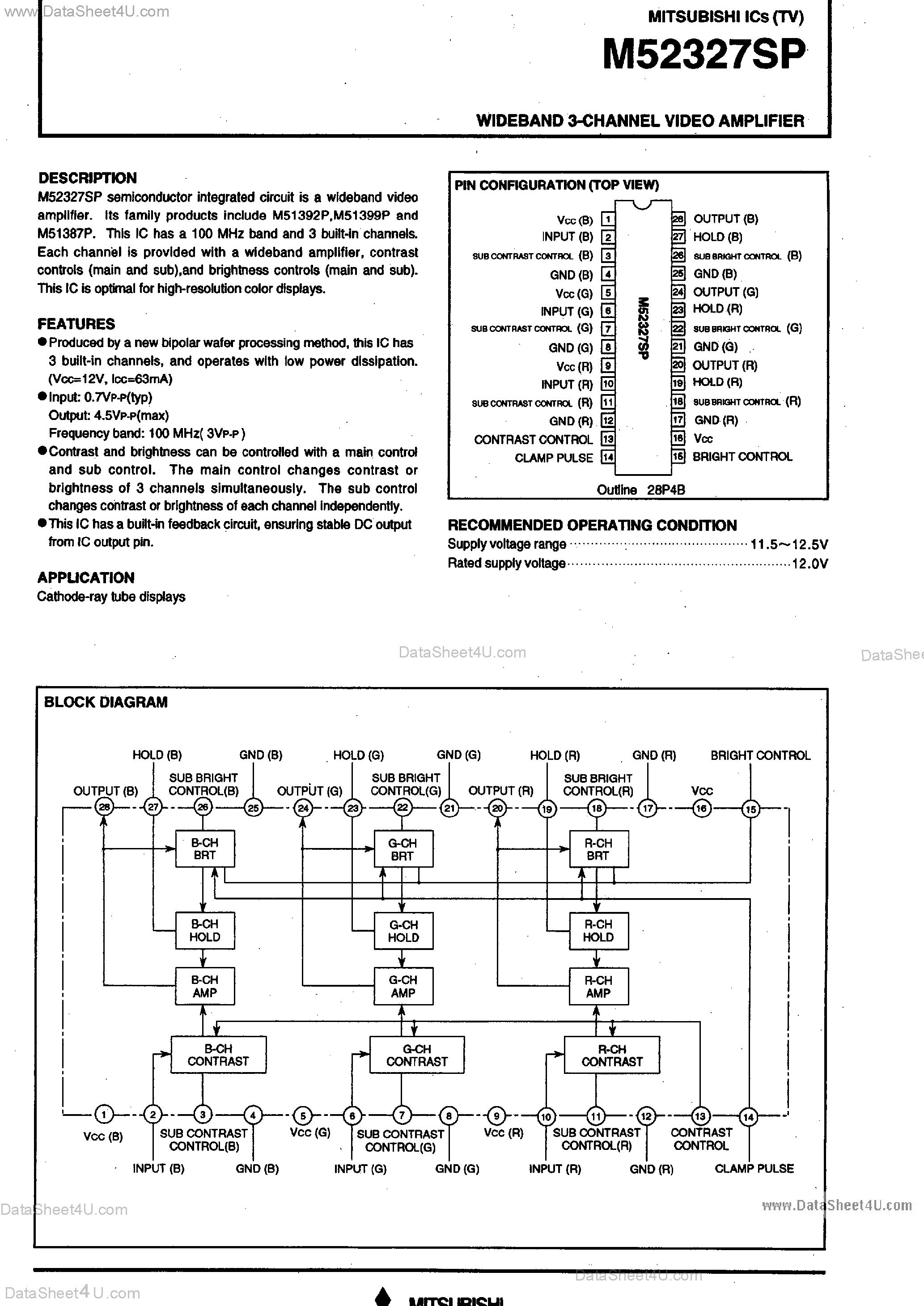 Datasheet M52327SP - Wideband 3-Channel Video Amplifier page 1