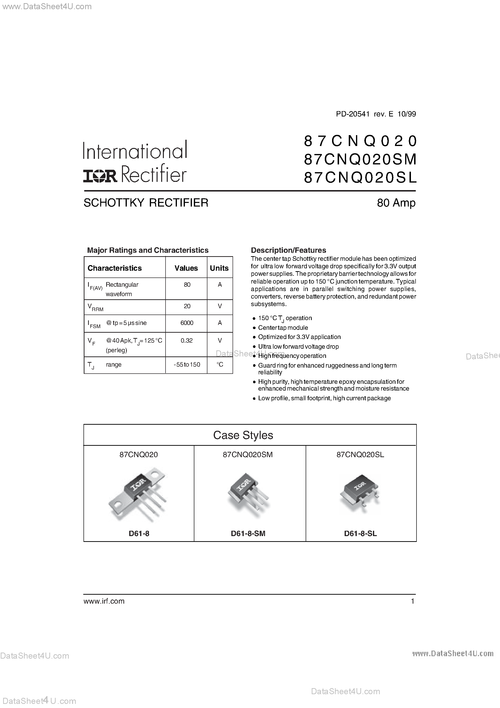 Datasheet 87CNQ020 - SCHOTTKY RECTIFIER page 1