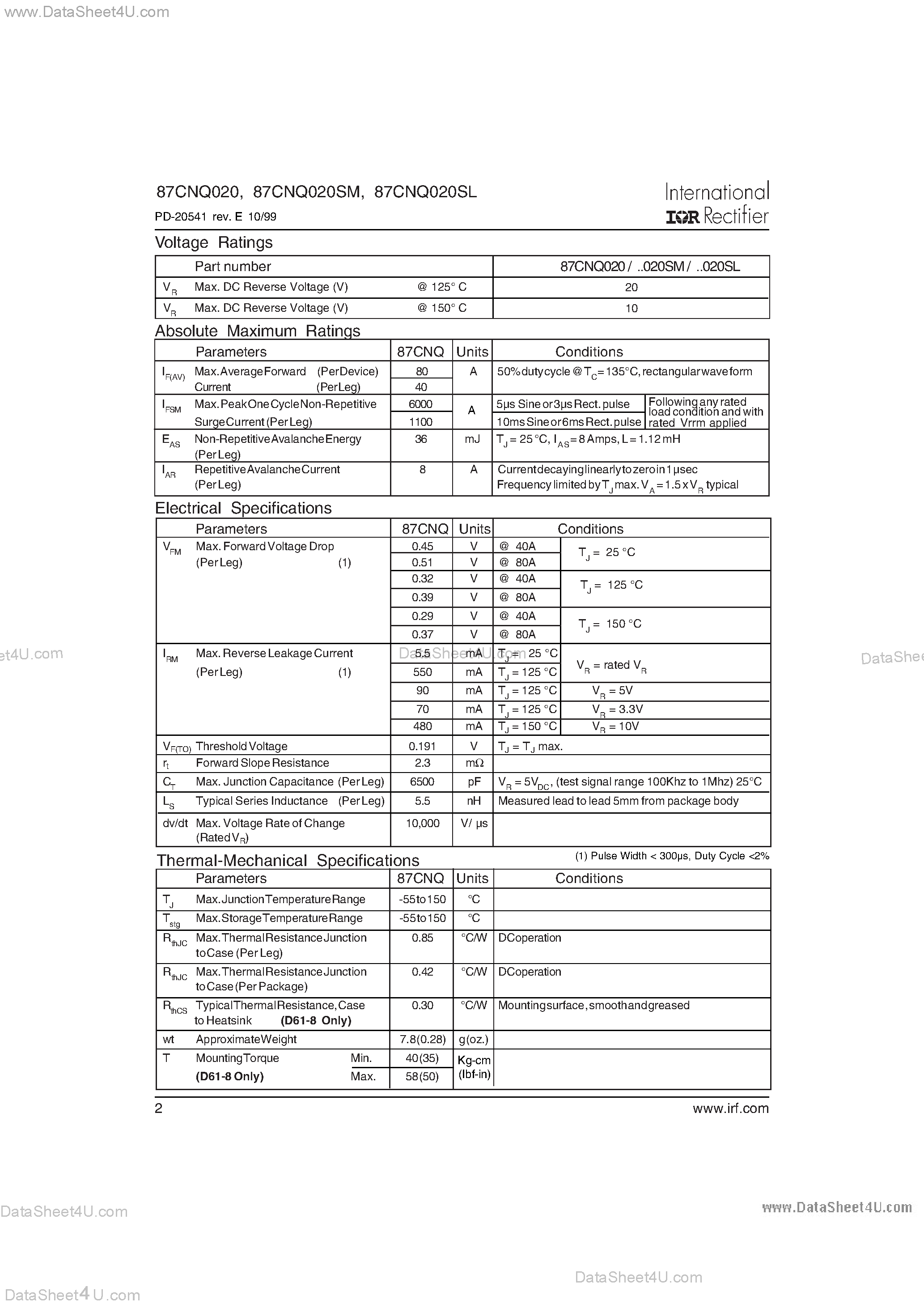 Datasheet 87CNQ020 - SCHOTTKY RECTIFIER page 2