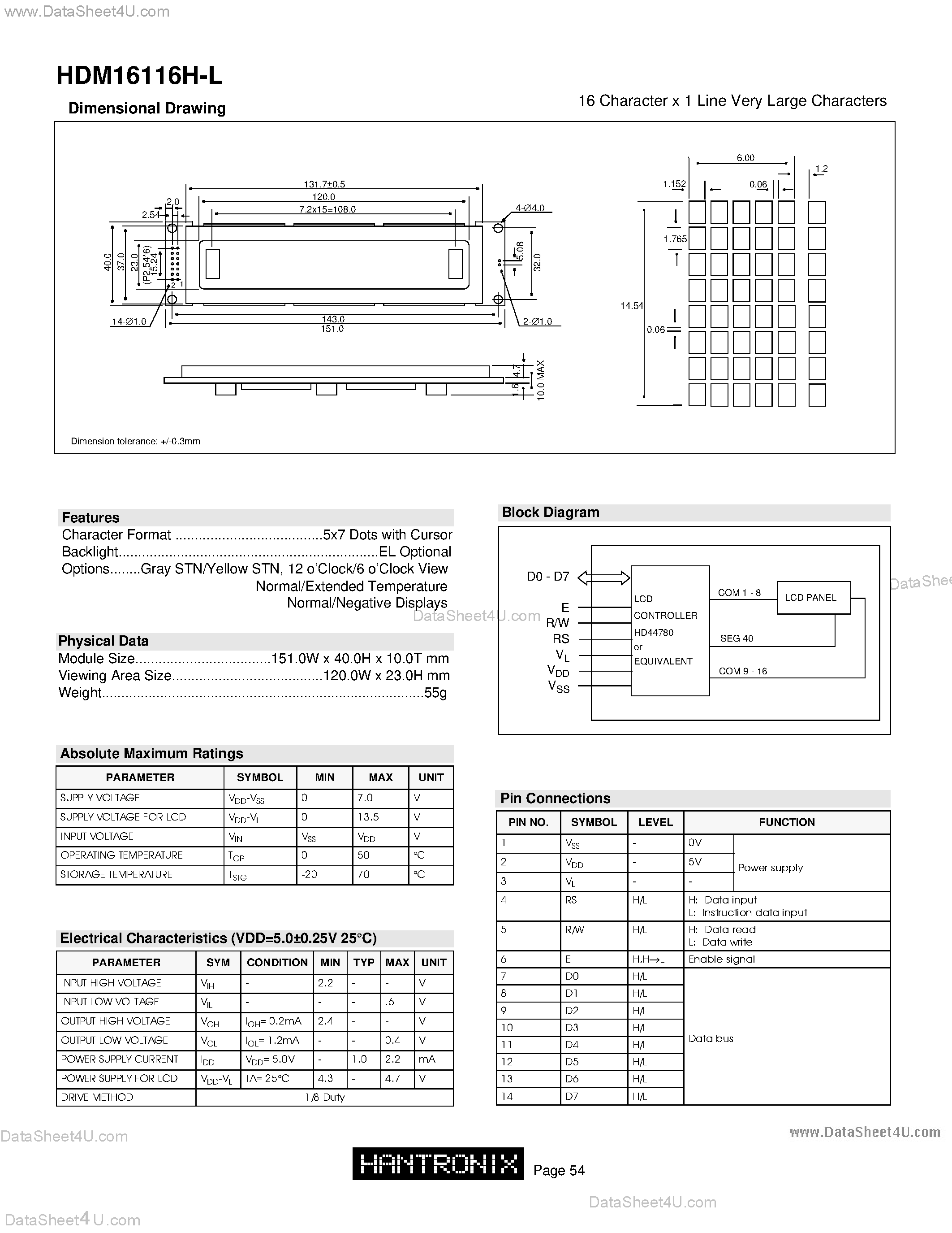 Datasheet HDM16116H-L page 1 Datasheet HDM16116H-L - LCD DOT MATRIX CHARACTER page 1