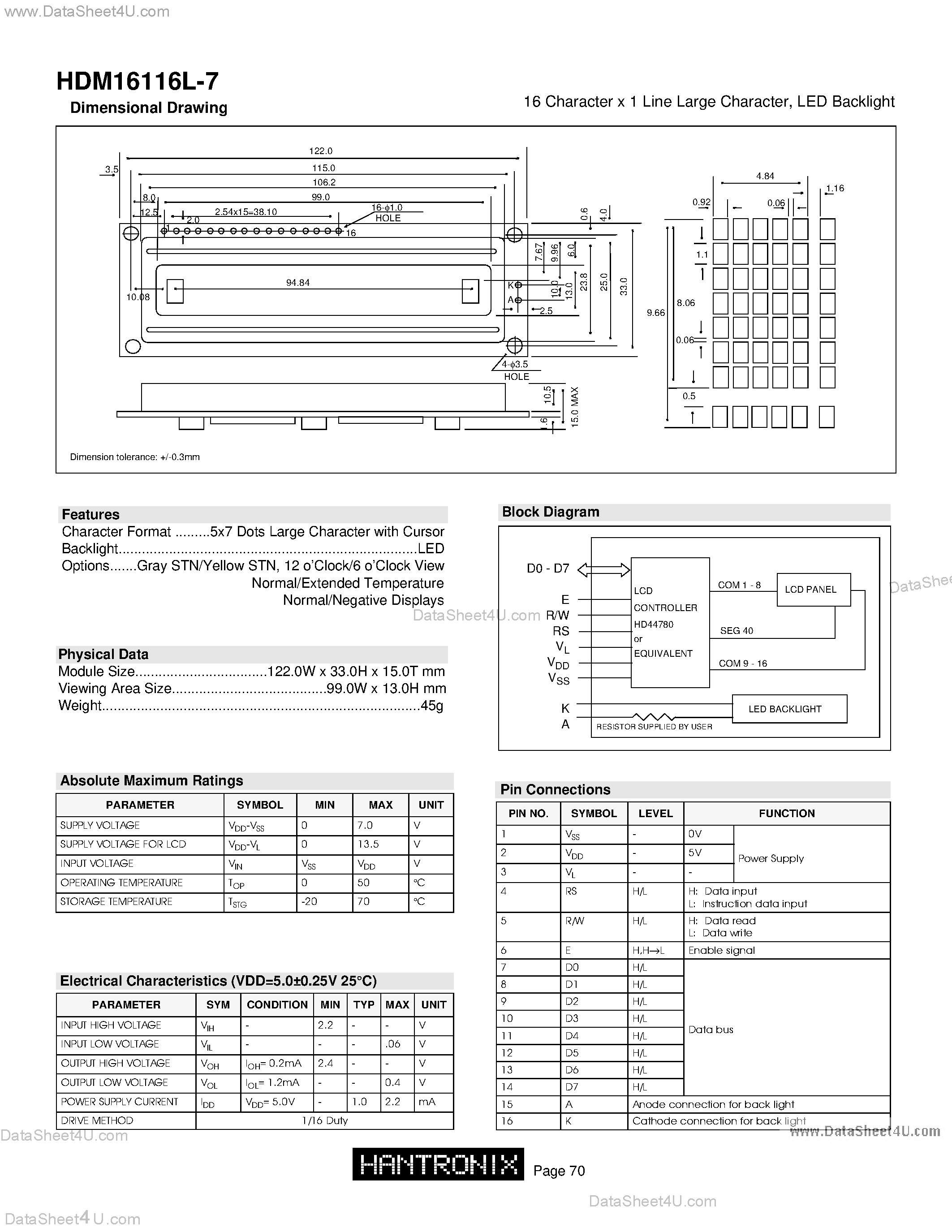 Datasheet HDM16116L-7 - LCD DOT MATRIX CHARACTER page 1