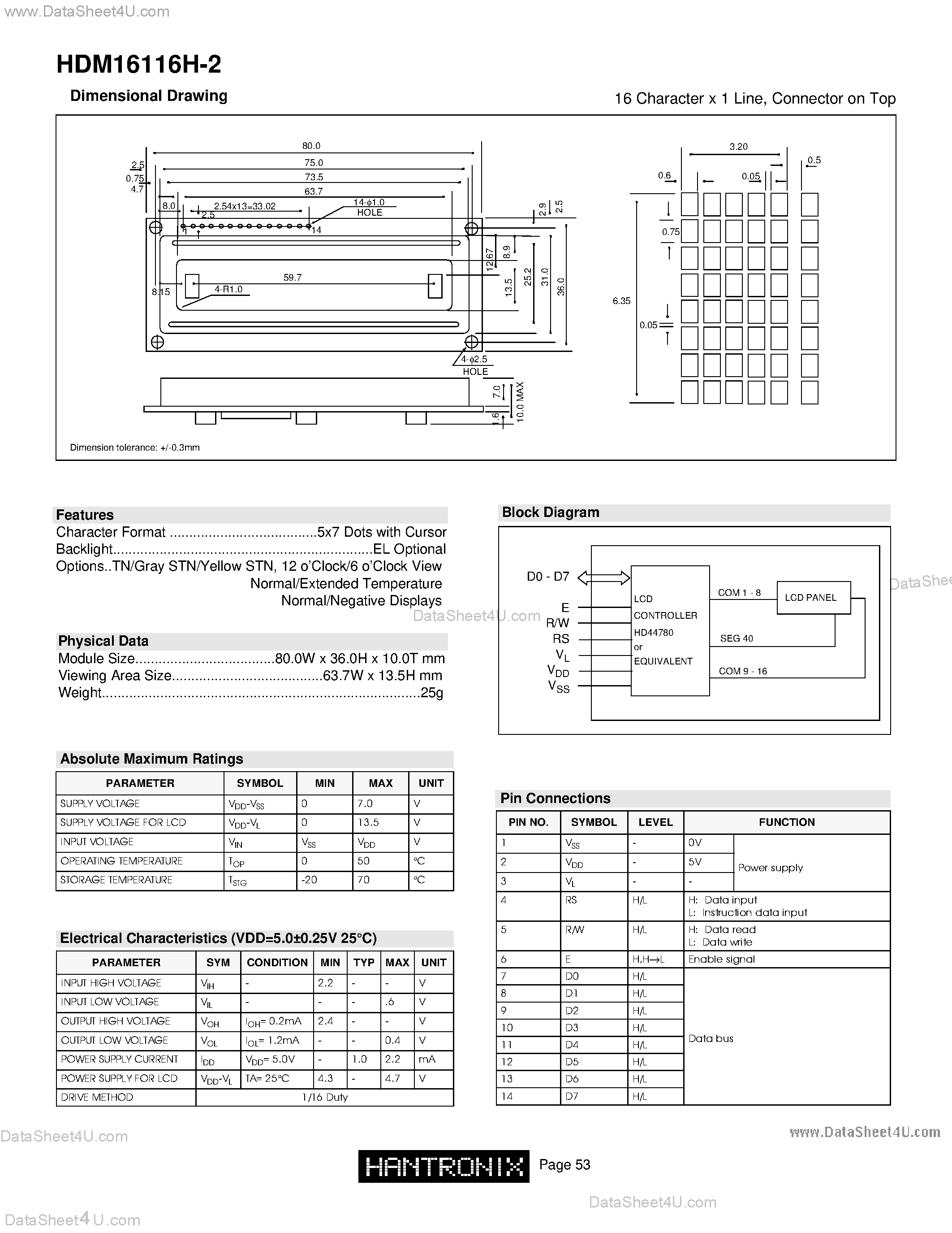 Datasheet HDM16116H-2 - LCD DOT MATRIX CHARACTER page 1