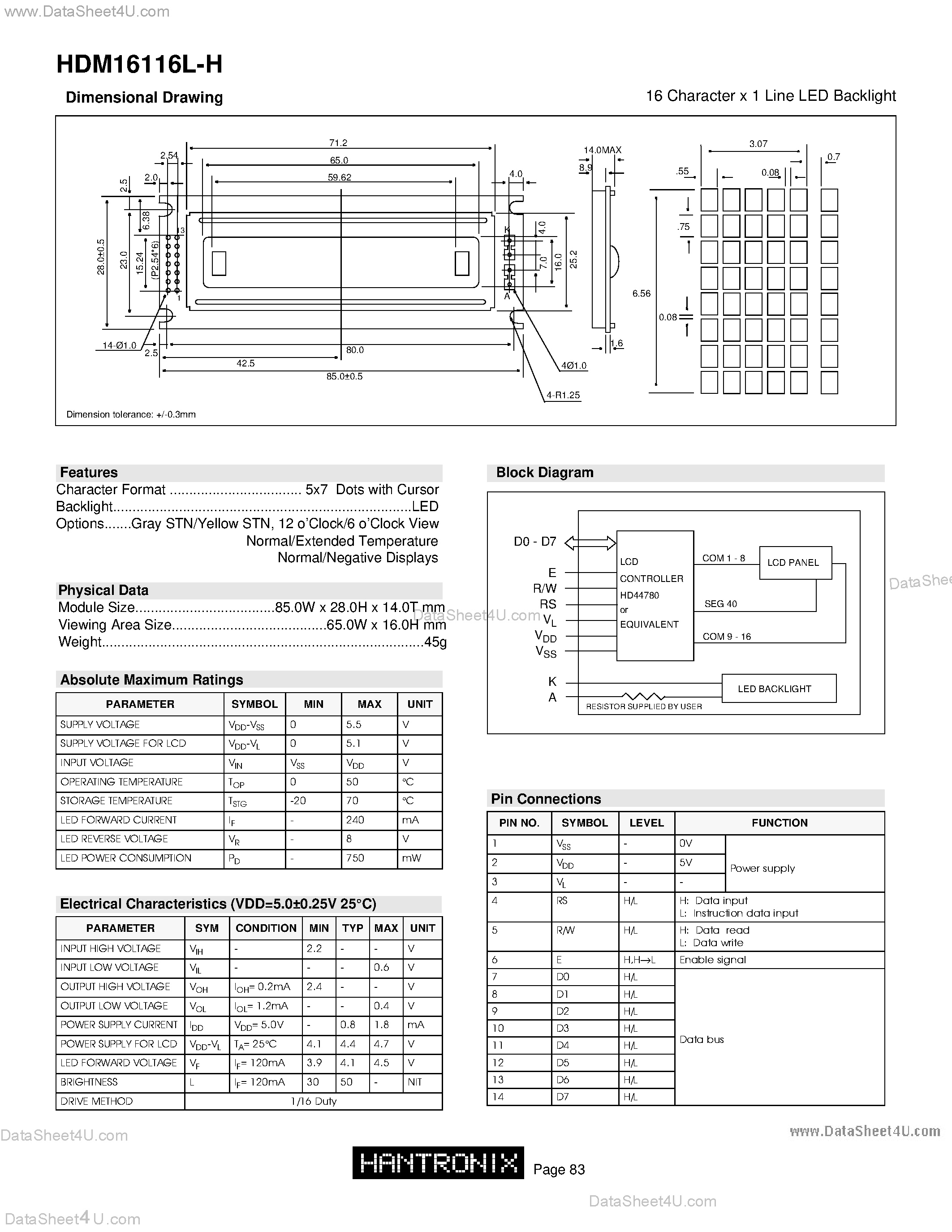 Datasheet HDM16116L-H - LCD DOT MATRIX CHARACTER page 1