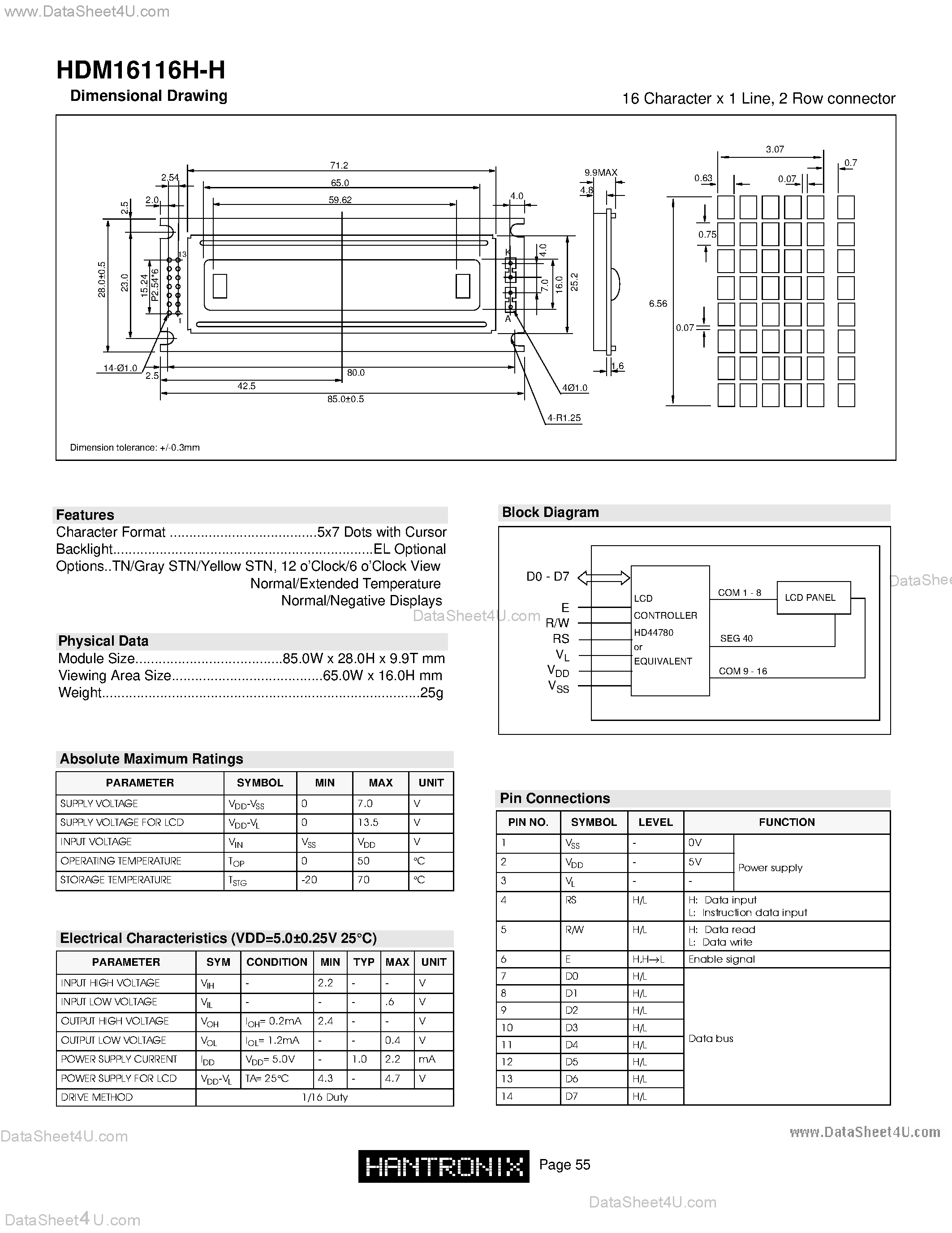Datasheet HDM16116H-H page 1 Datasheet HDM16116H-H - LCD DOT MATRIX CHARACTER page 1