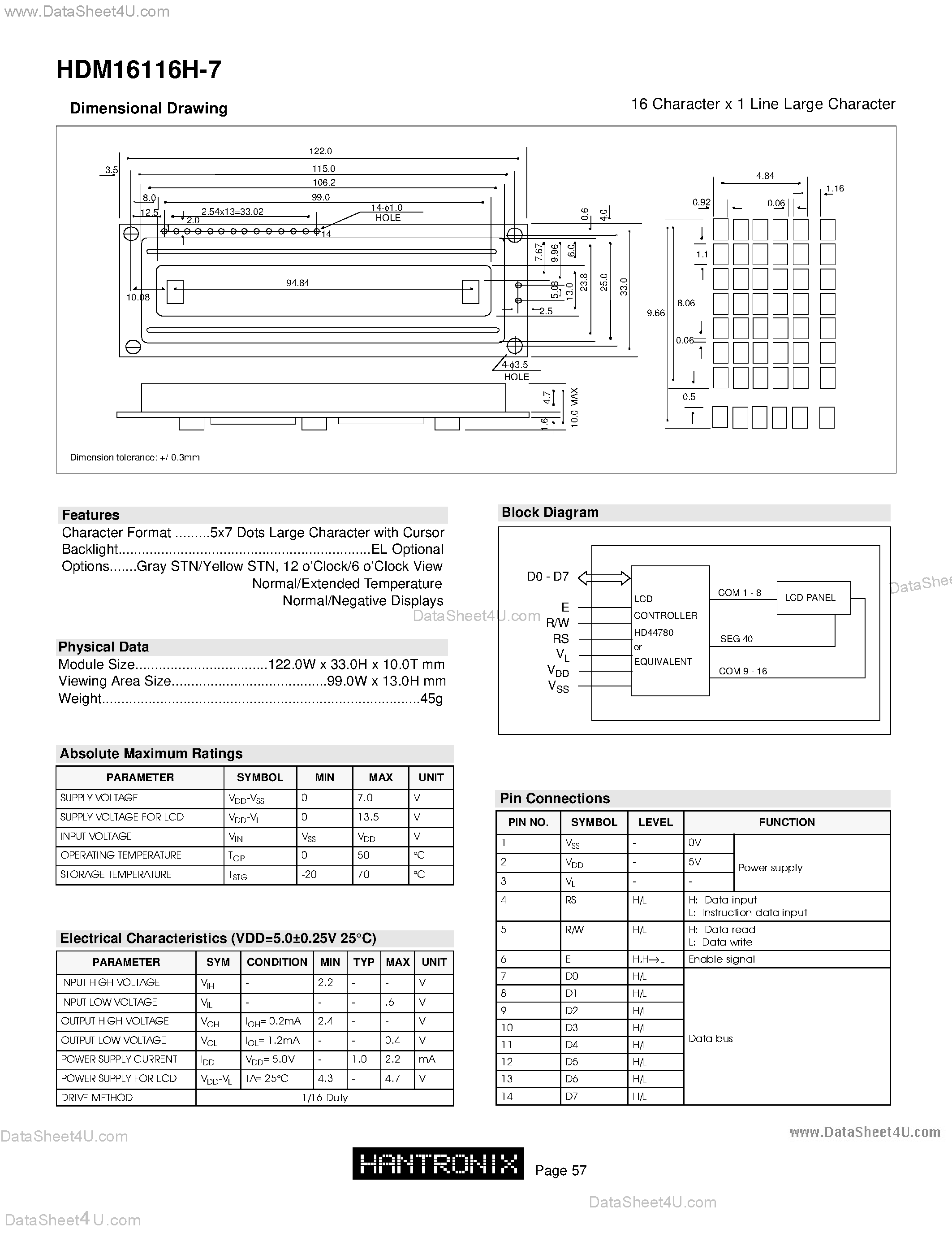 Datasheet HDM16116H-7 - LCD DOT MATRIX CHARACTER page 1
