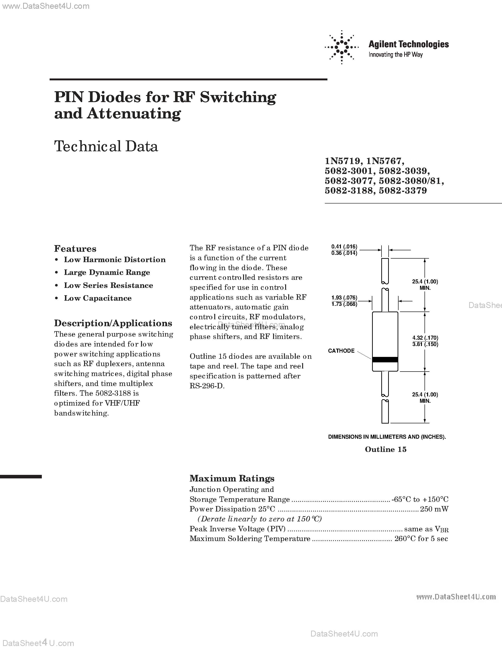 Даташит 5082-3001 - (5082-3xxx) PIN Diodes for RF Switching and Attenuating страница 1
