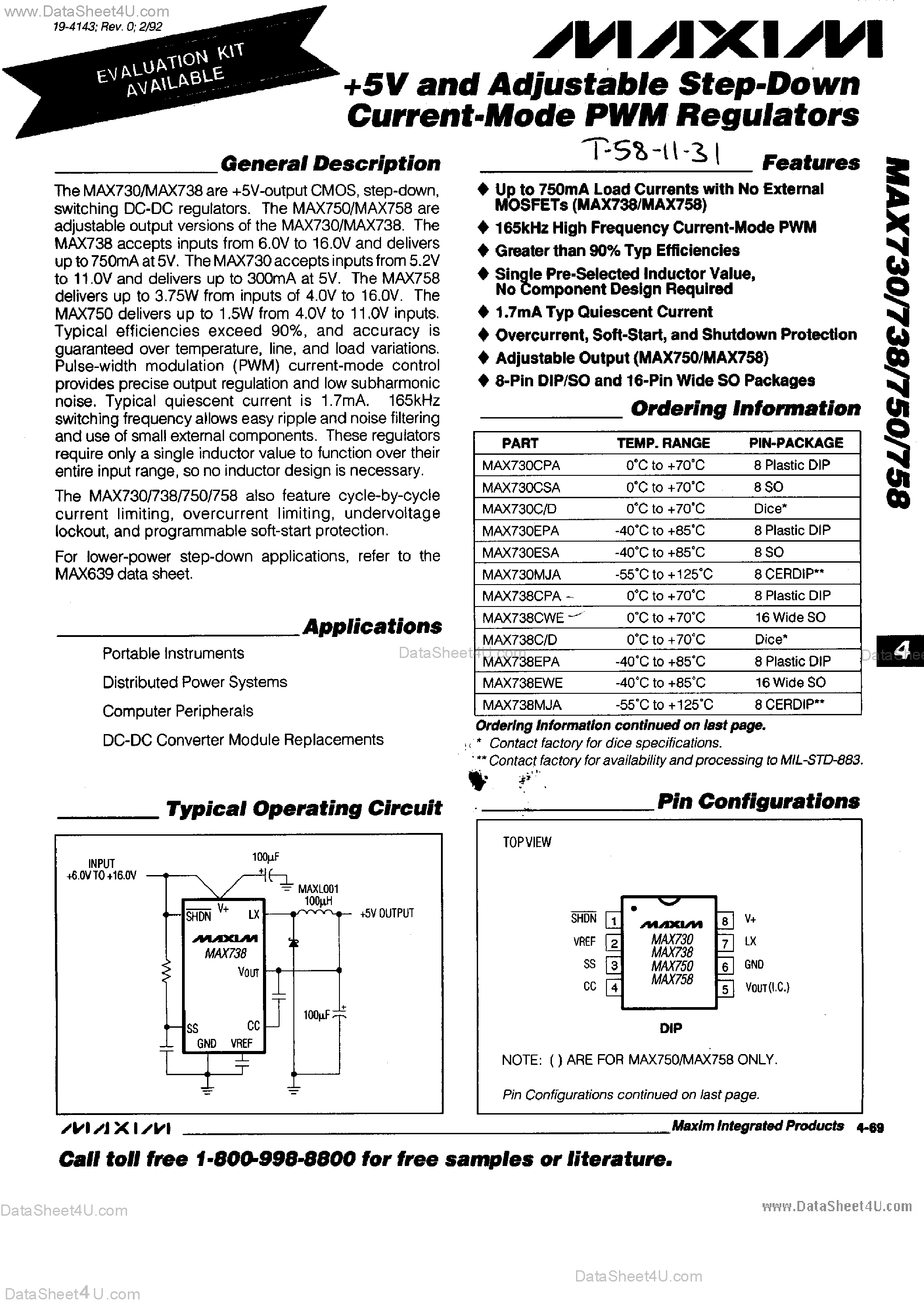 Datasheet MAX730 - (MAX730 / MAX738 / MAX750 / MAX758) Step Down Current Mode PWM Regulators page 1