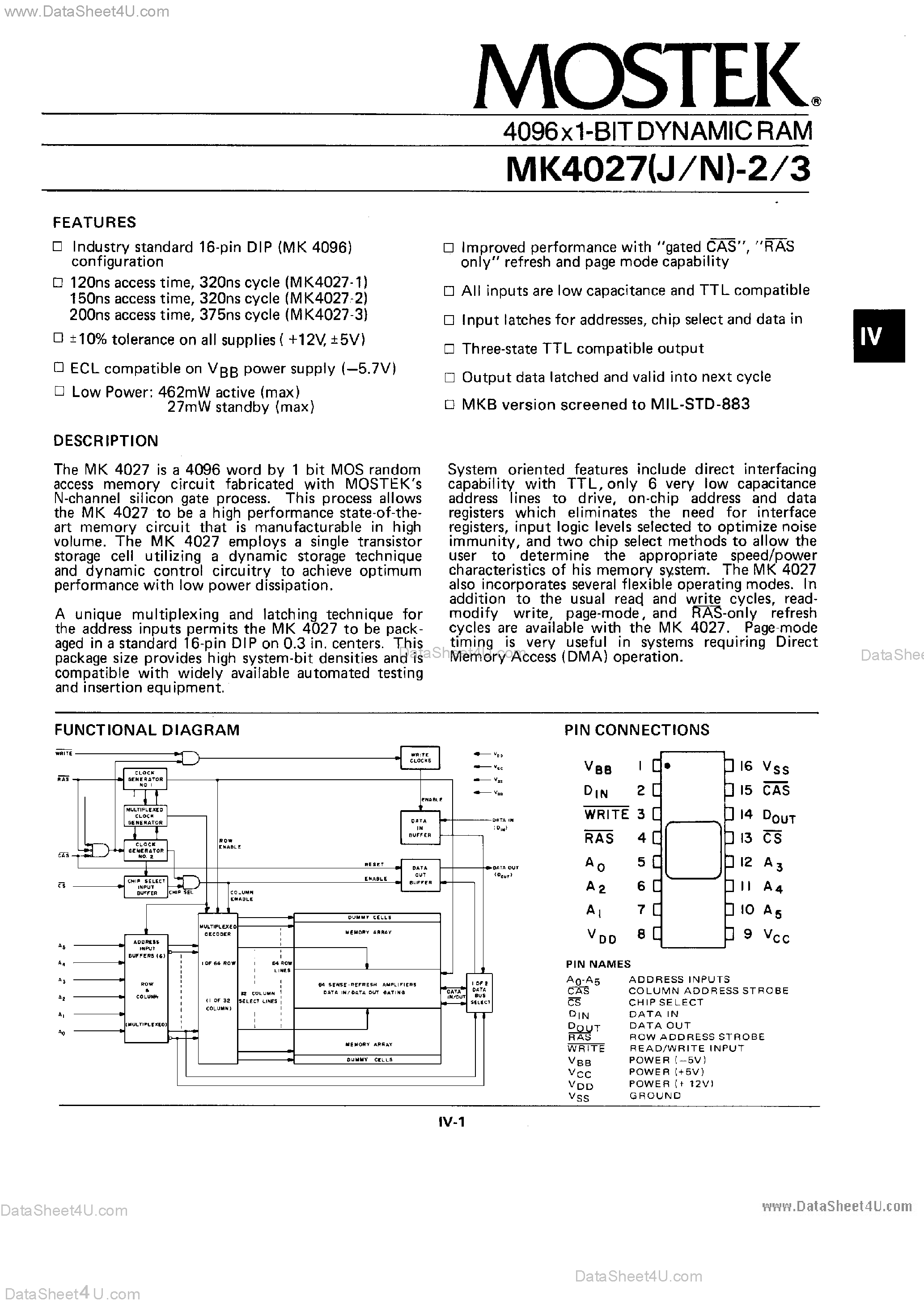 Datasheet MK4027 - 4096 X 1 BIT DYNAMIC RAM page 1