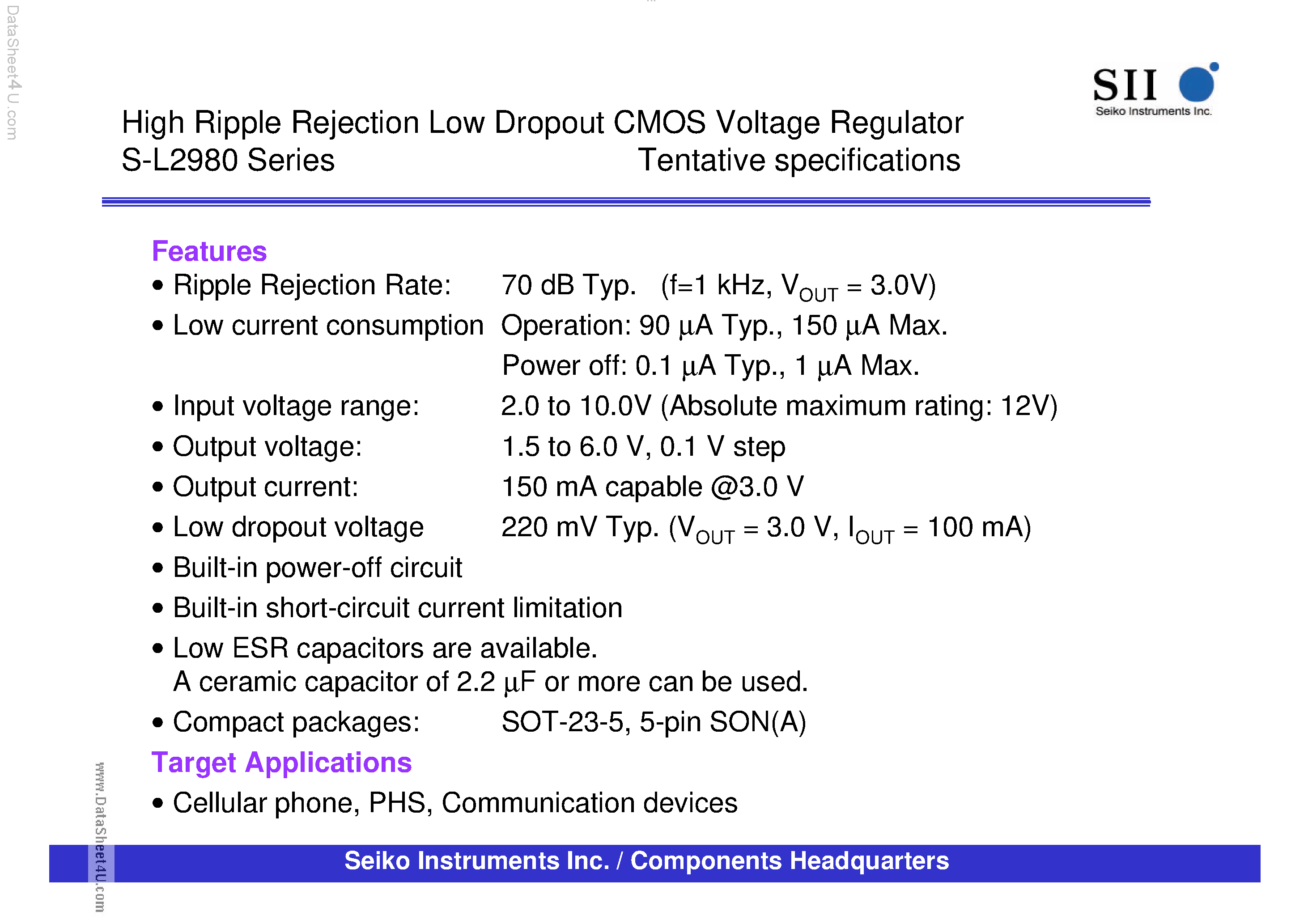 Datasheet S-L2980 - High Ripple Rejection Low Dropout CMOS Voltage Regulator page 2