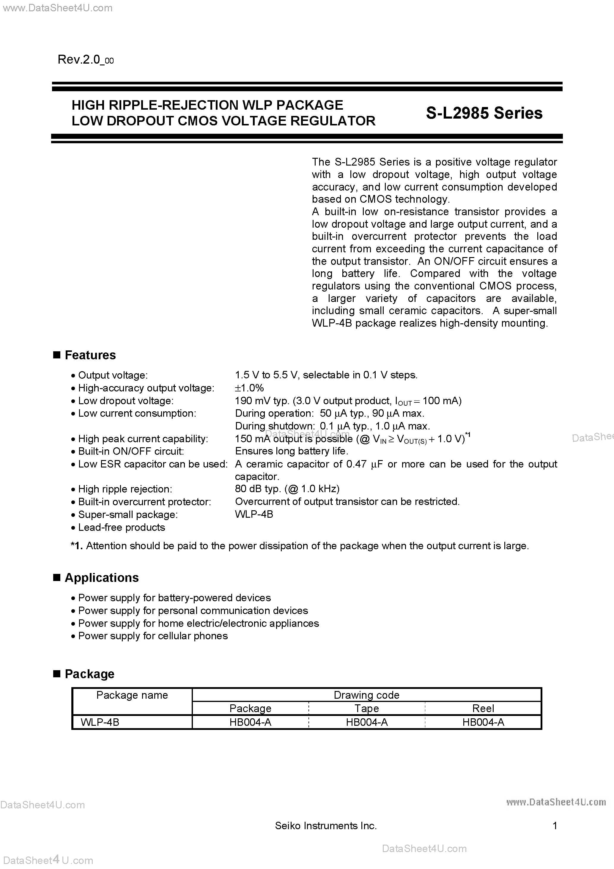 Datasheet S-L2985 - High Ripple Rejection WLP Package Low Dropout CMOS Voltage Regulator page 1