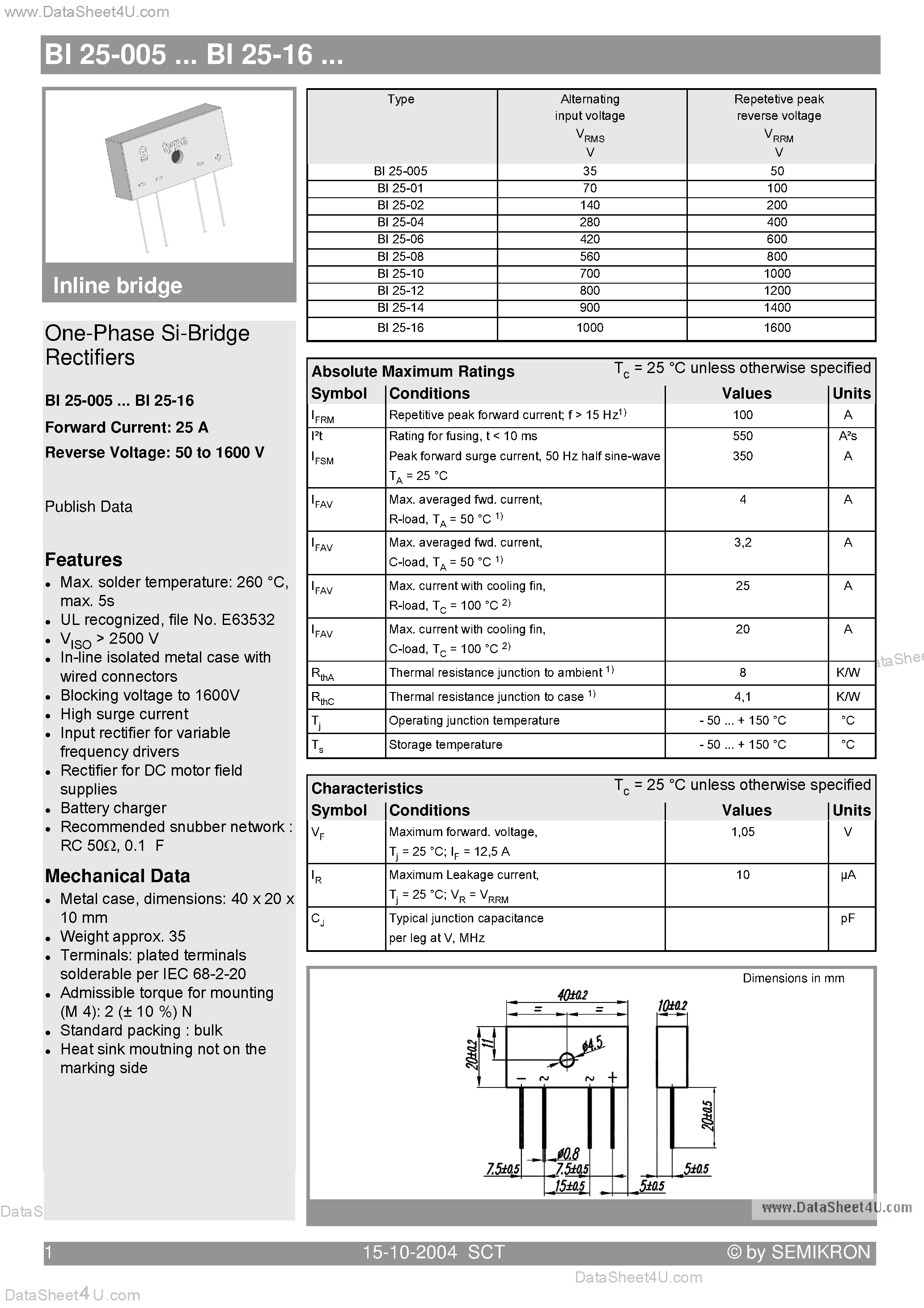 Datasheet BI25-xxx page 1 Datasheet BI25-xxx - One-Phase Si-Bridge Rectifiers page 1