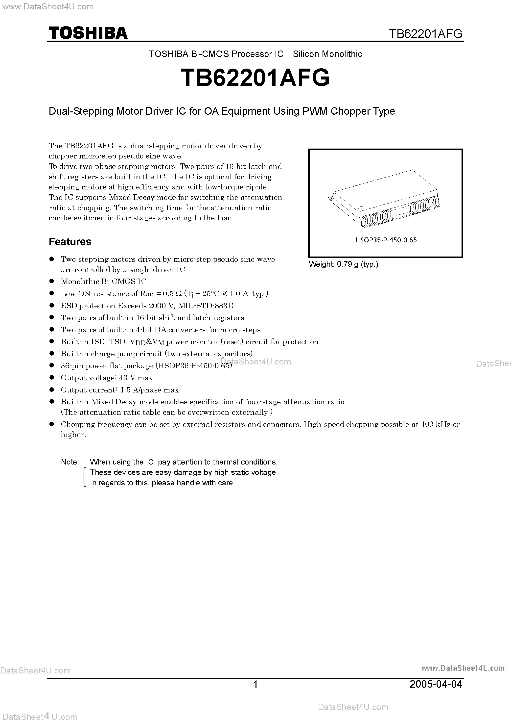Даташит TB62201AFG - Dual-Stepping Motor Driver IC for OA Equipment Using PWM Chopper Type страница 1